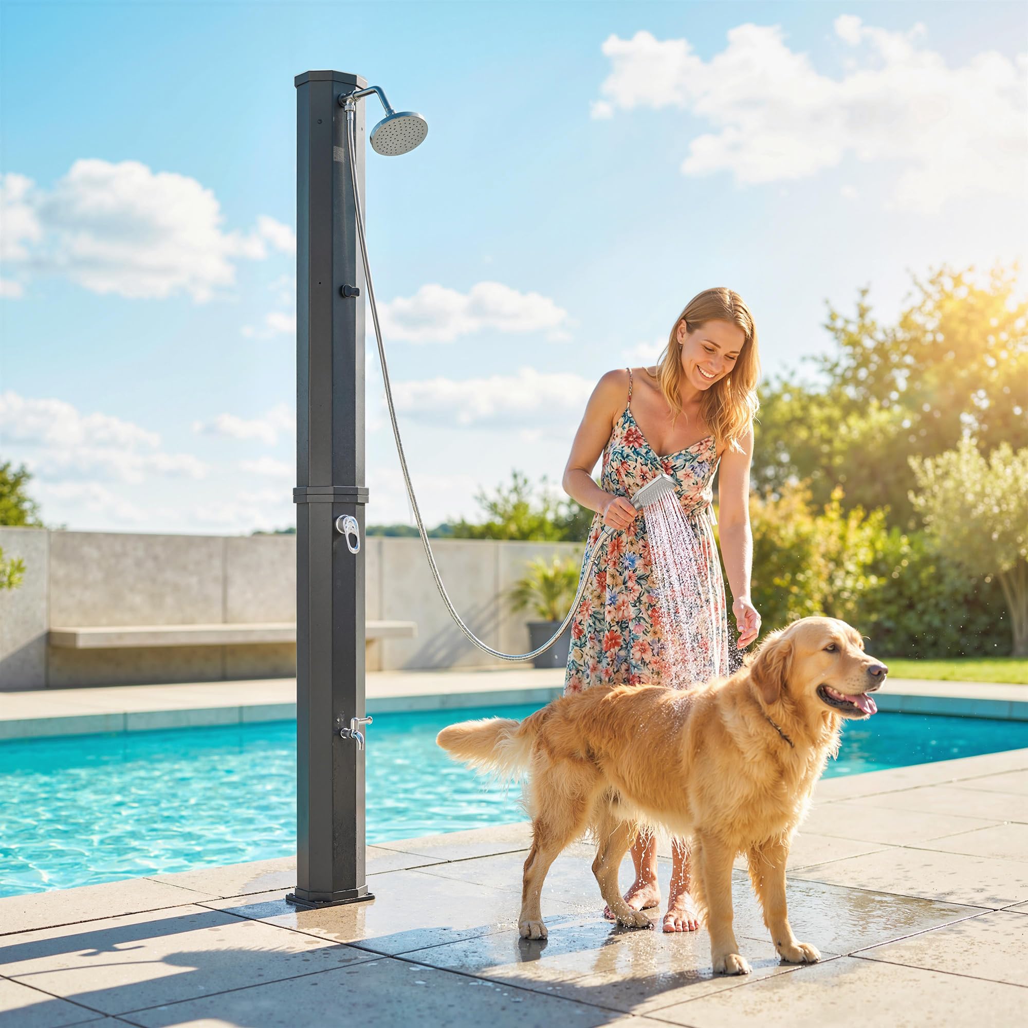 Outsunny Douche Solaire de Jardin XXL 60L avec Douchette à Main et Robinet - Douche Extérieure de Piscine avec Mitigeur Eau Chaude/Froide, Hauteur 208 cm, Pression 3,5 Bar, Noir