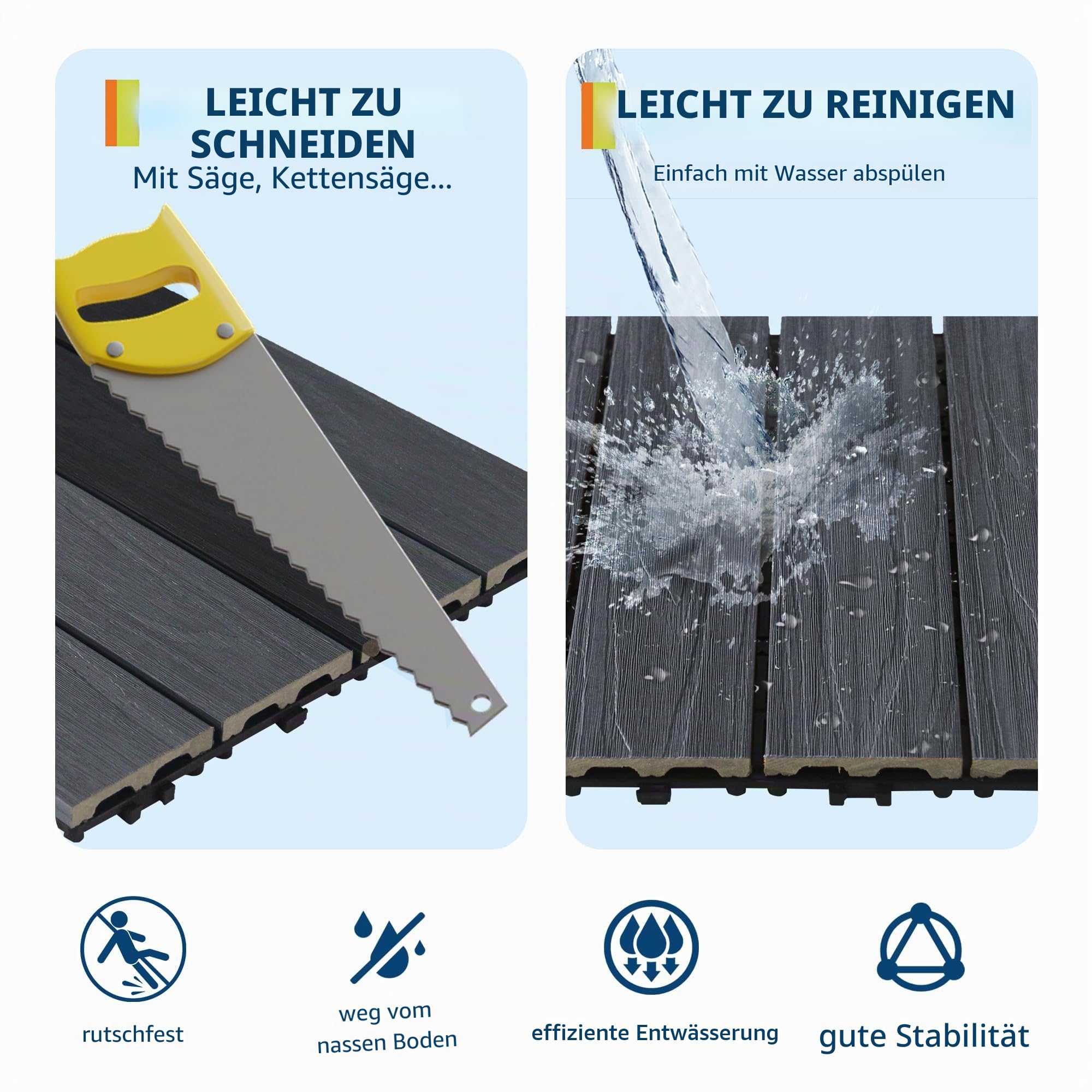 Wetterfeste WPC Klickfliesen 30x30cm – Rutschfest & wasserdicht – Einfache Montage – Für Balkon, Terrasse, Garten, Pool, Gewächshaus – Holzoptik Grau – 27er Set