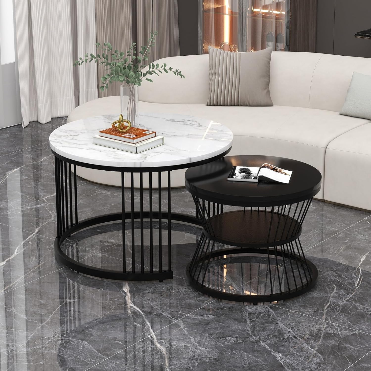 Round Coffee Table, Modern Nestings Table Set of 2, Sofa Side Table with Marble Veneer Top and Metal Frame, End Table for Living Room Bedroom Home or Office (Black White)