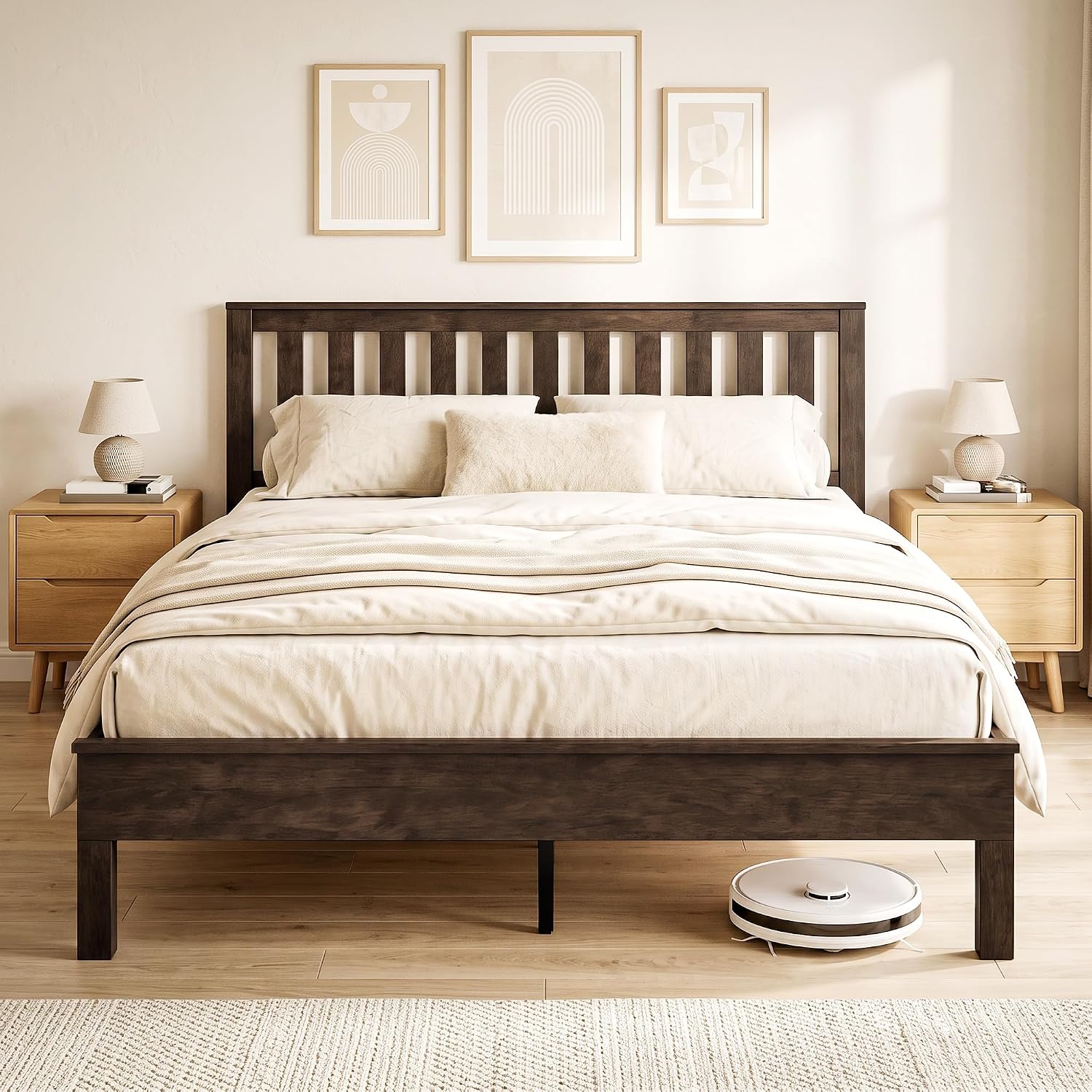 HOMCOM Queen Size Wood Platform Bed Frame with Slatted Headboard, Walnut