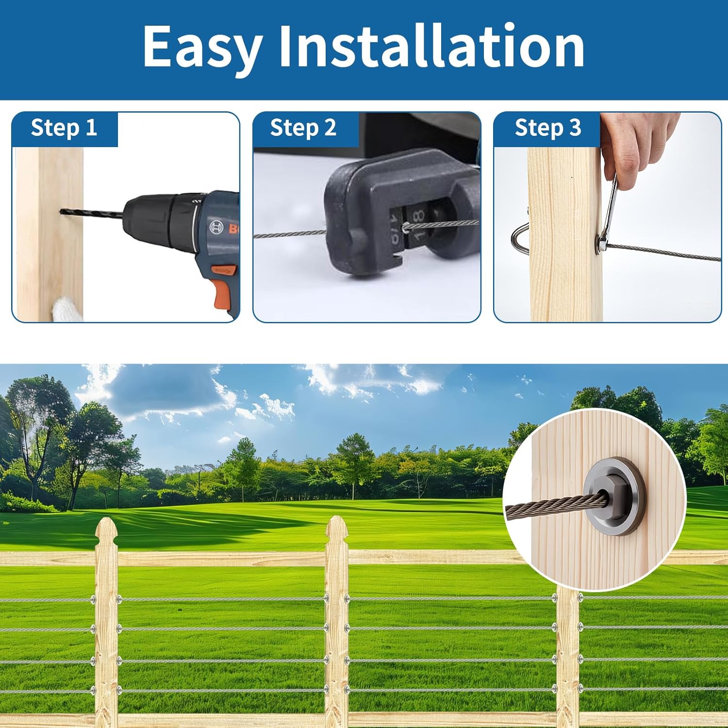 [Patent] RiaYer 20-Pack Invisible Cable Railing Kit Hardware, 1/8" T316 Stainless Steel Deck Cable Railing System with Swage Lag Screws, DIY Wire Railing Kit for Wood Posts - 10 Cable Runs