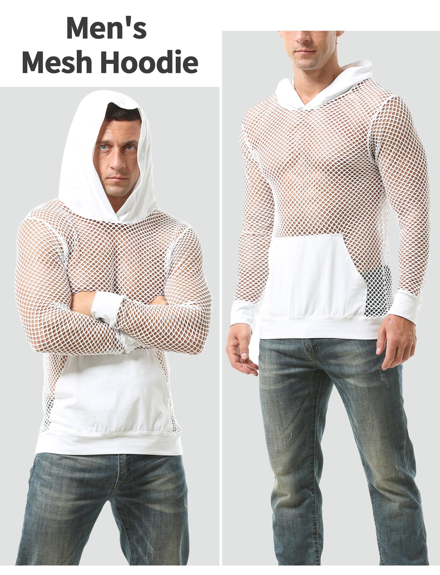 AIEOE Fischnetz Hoodie Herren Transparent Muskel Langarmshirt mit Kapuze Netz Shirts Locker Casual Dünn Sweatshirt Atmungsaktiv Frühling Herbst