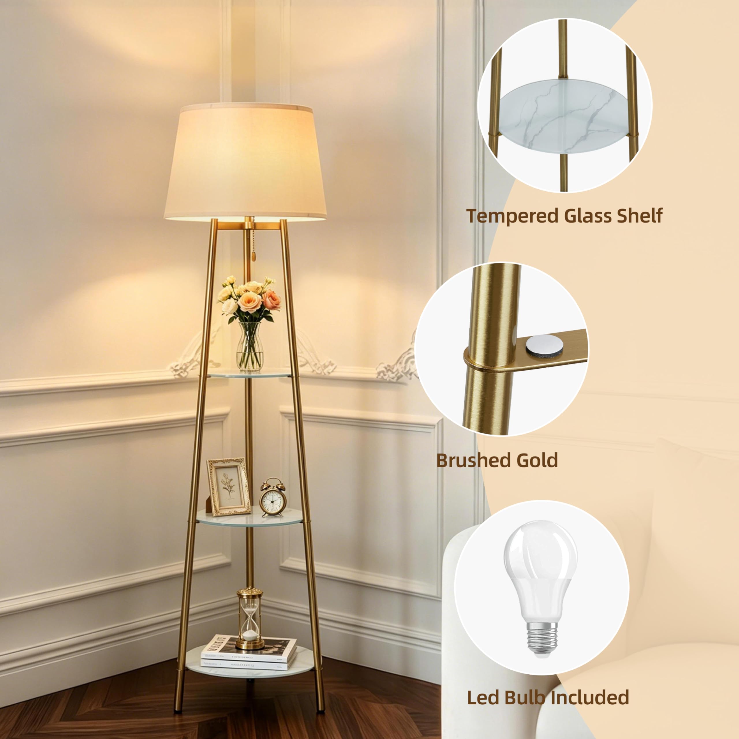 Lampadaire Trépied Métal avec 3 Étagères Verre Trempé LED 35x147cm | 3 Températures de Couleur 2700K/4500K/6500K, Abat-Jour en Lin, Pour Salon, Chambre, Bureau, Ampoule Incluse