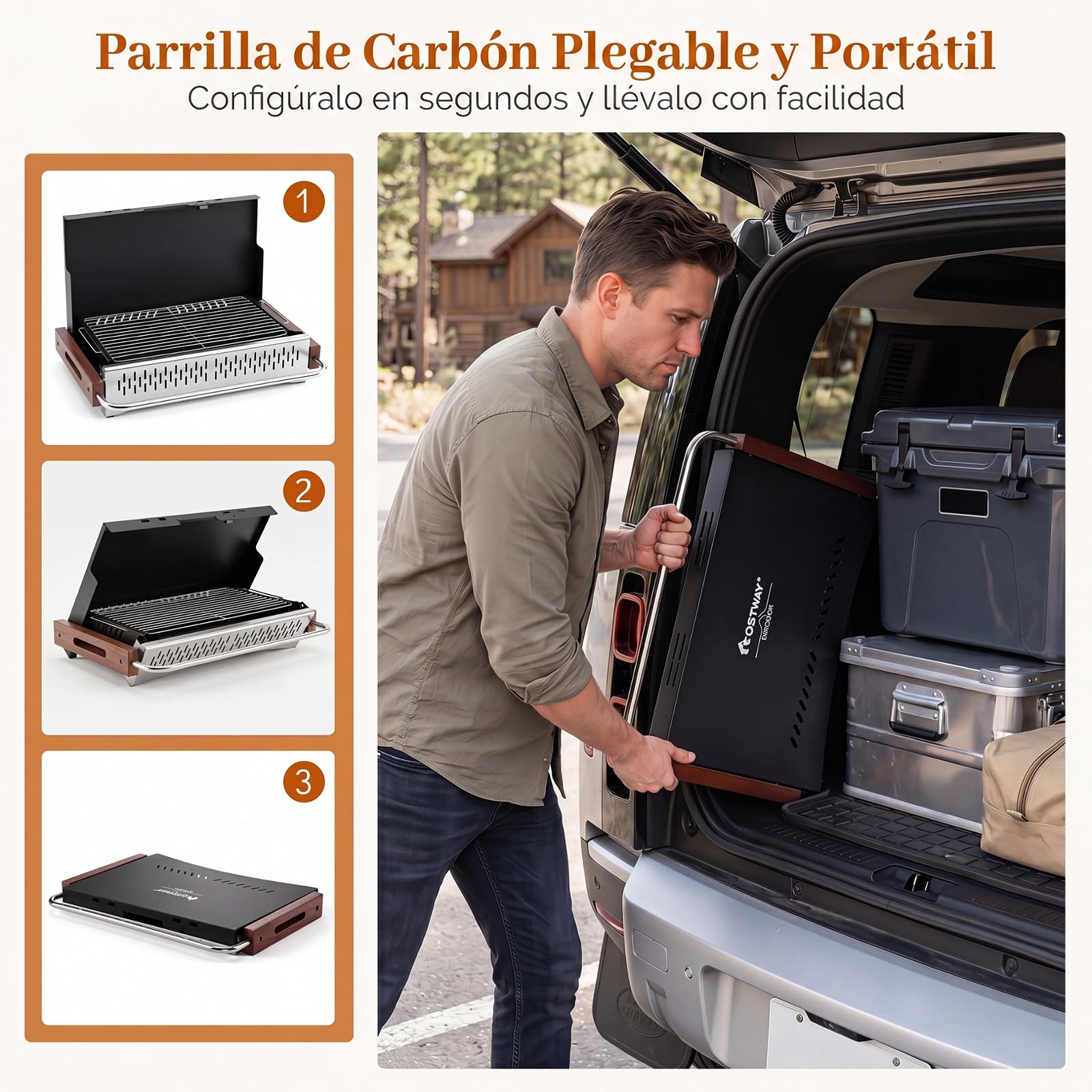 COSTWAY Mini Barbacoa Carbón Mesa Plegable, Parrilla Portátil,(62x43,5 cm) | Metal, Rejilla de Cocción Ajustable en Altura, Orificios de Ventilación, BBQ Camping Picnic Tereaza