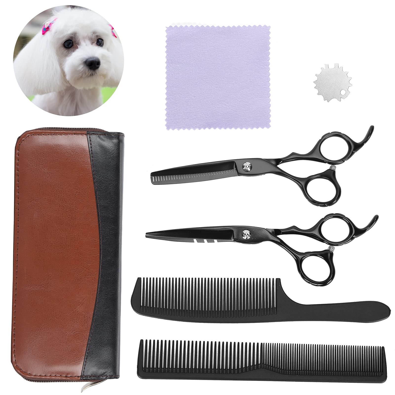 Dog Grooming Scissors Kit, Pet Grooming Scissors with Thinning Scissors, Cutting Scissors, Comb with Handle, Adjustment Sheet, Cloth and Bag for Dogs Cats Pets