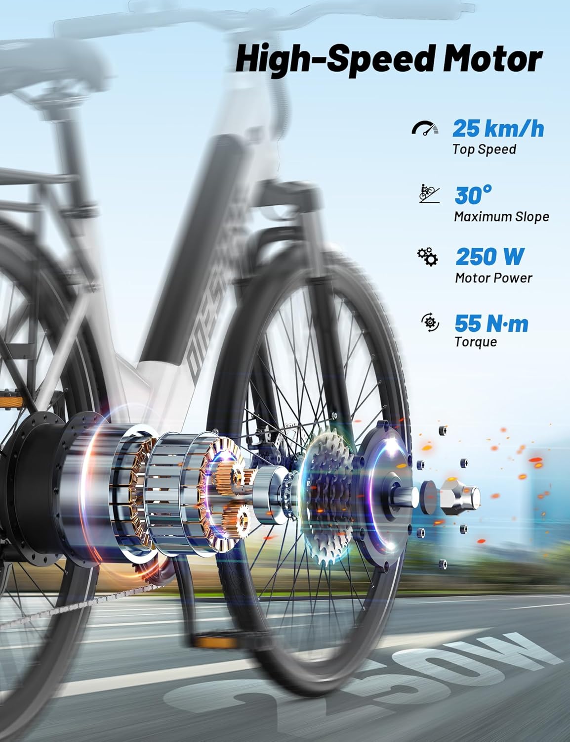 Detaillierte view of the ONESPORT OT12's high-speed 250W motor, showing internal components and specifications like 25 km/h top speed, 30° maximum slope, 250W motor power, and 55 N·m torque.
