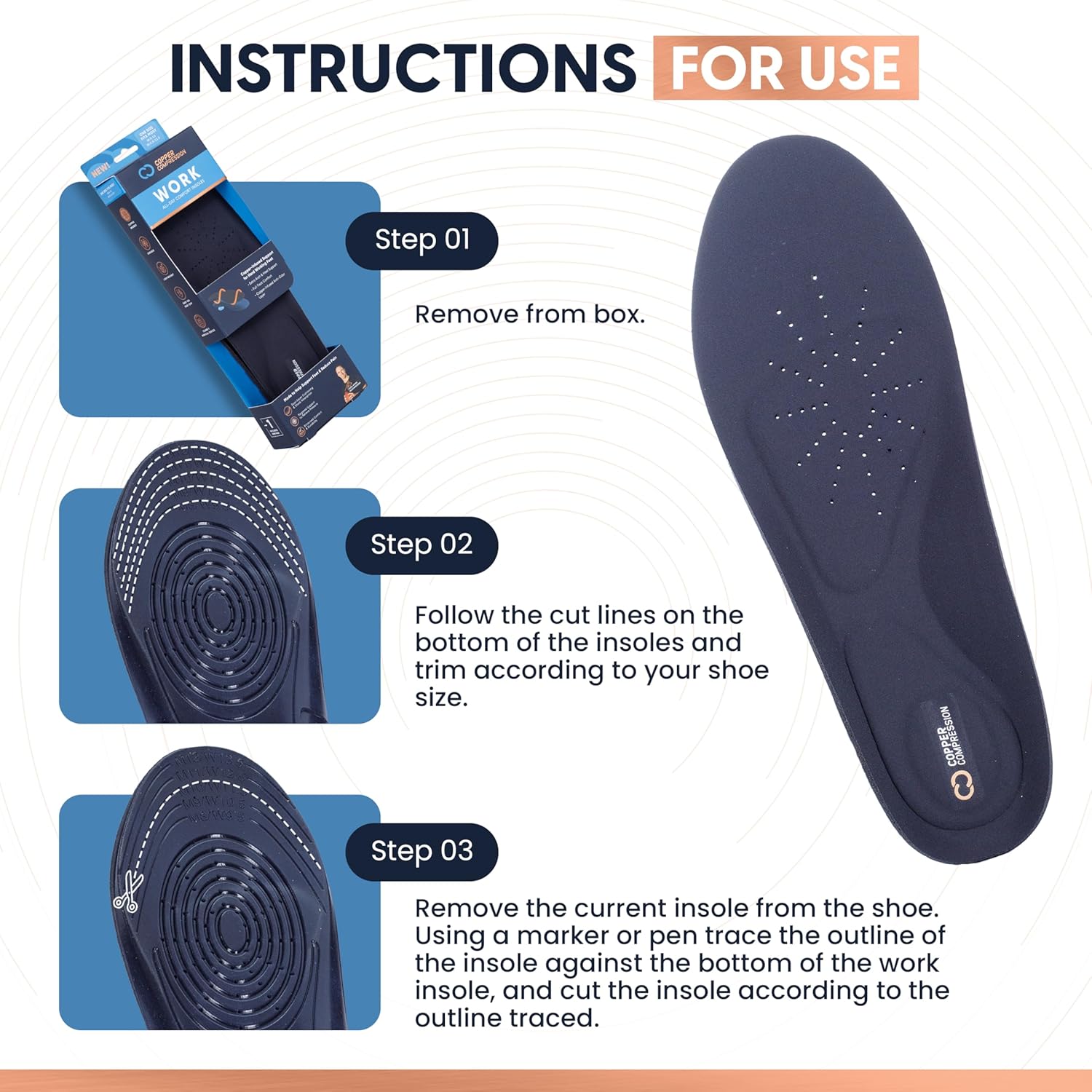 Copper Compression Work All Day Comfort Insoles. Trim to Fit Shoe Inserts for Men and Women. Plantar Fasciitis, Arch Support, Heel Cushioning, Metatarsal Pad. Copper Infused Odor Control Top Layer.