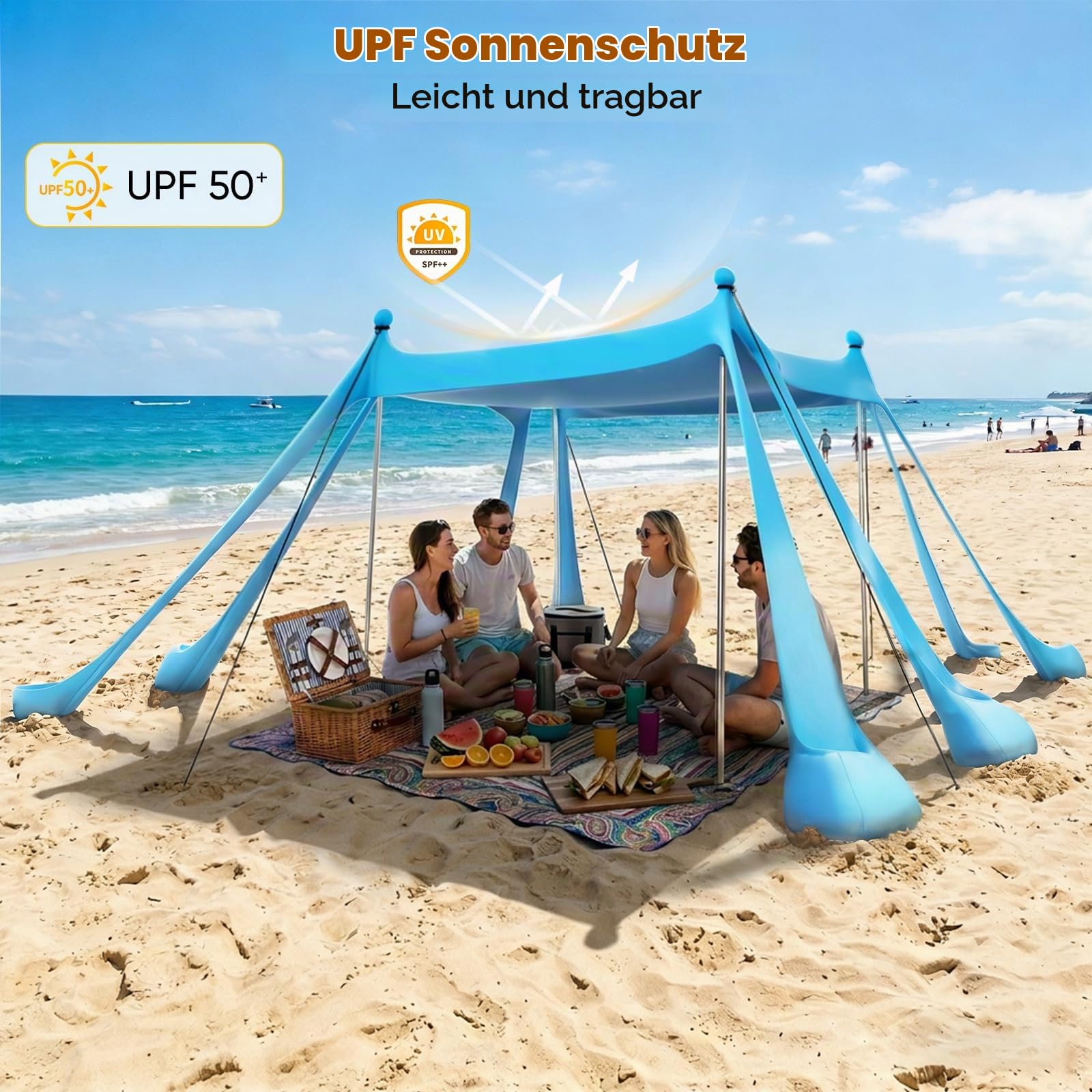 Strandmuschel 3m x 3m, UPF50+ UV-Schutz Sonnenschutz Zelt–Octagon Design mit 8 Heringen & 4 verstärkten Stangen,Großes Strandzelt für 5-8 Personen, Windbeständig für Camping,Picknick & Angeln, Blau
