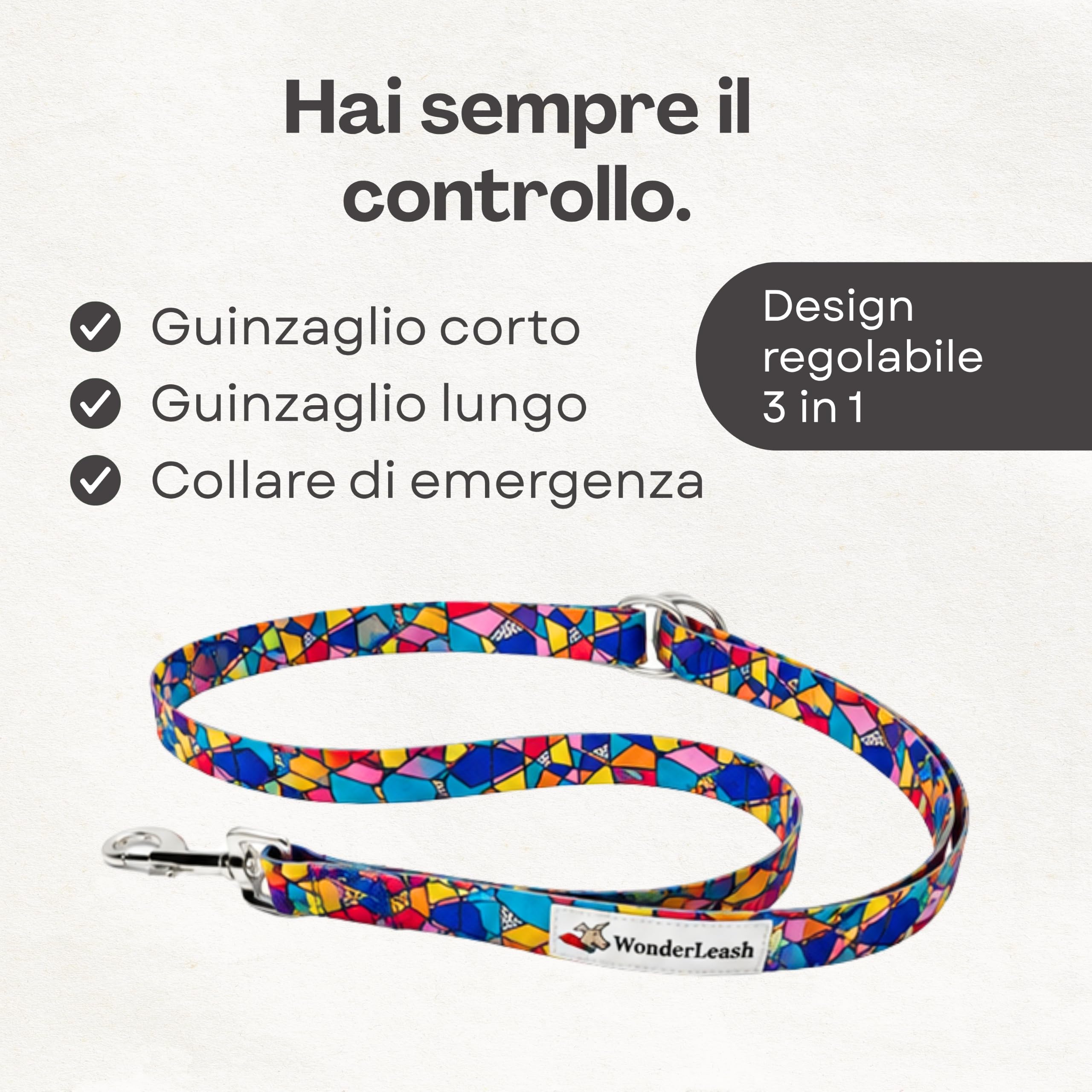 Wonderleash Guinzaglio per Cani Wonderleash 3 in 1, Linea Lunga Robusta, Guinzaglio da Addestramento con Collare di Emergenza, Manico Confortevole, Adatto a Cani Piccoli (Multicolore, M)
