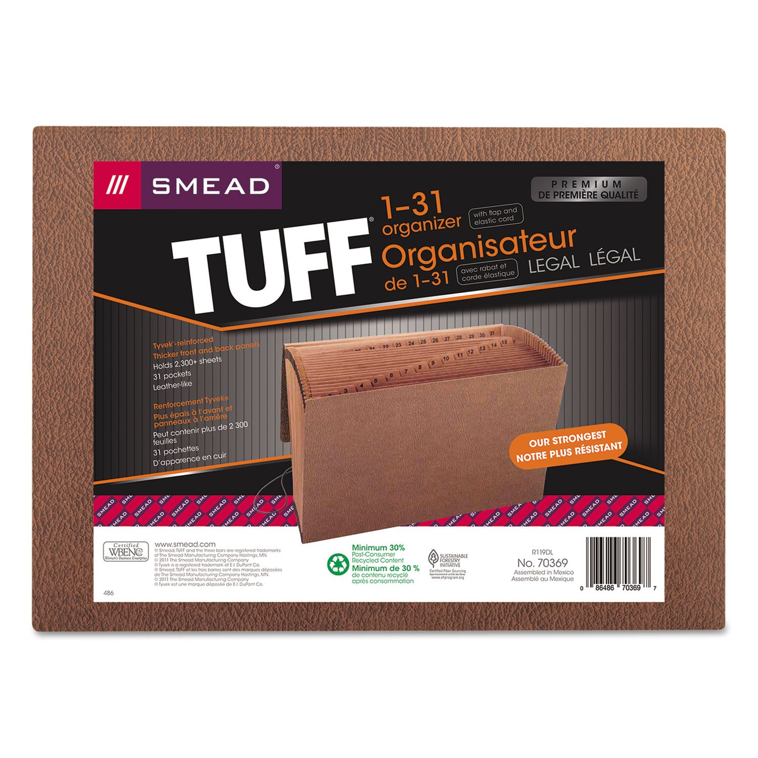 Smead TUFF® Expanding File, Daily (1-31), 31 Pockets, Flap and Elastic Cord Closure, Legal Size, Redrope-Printed Stock (70369)