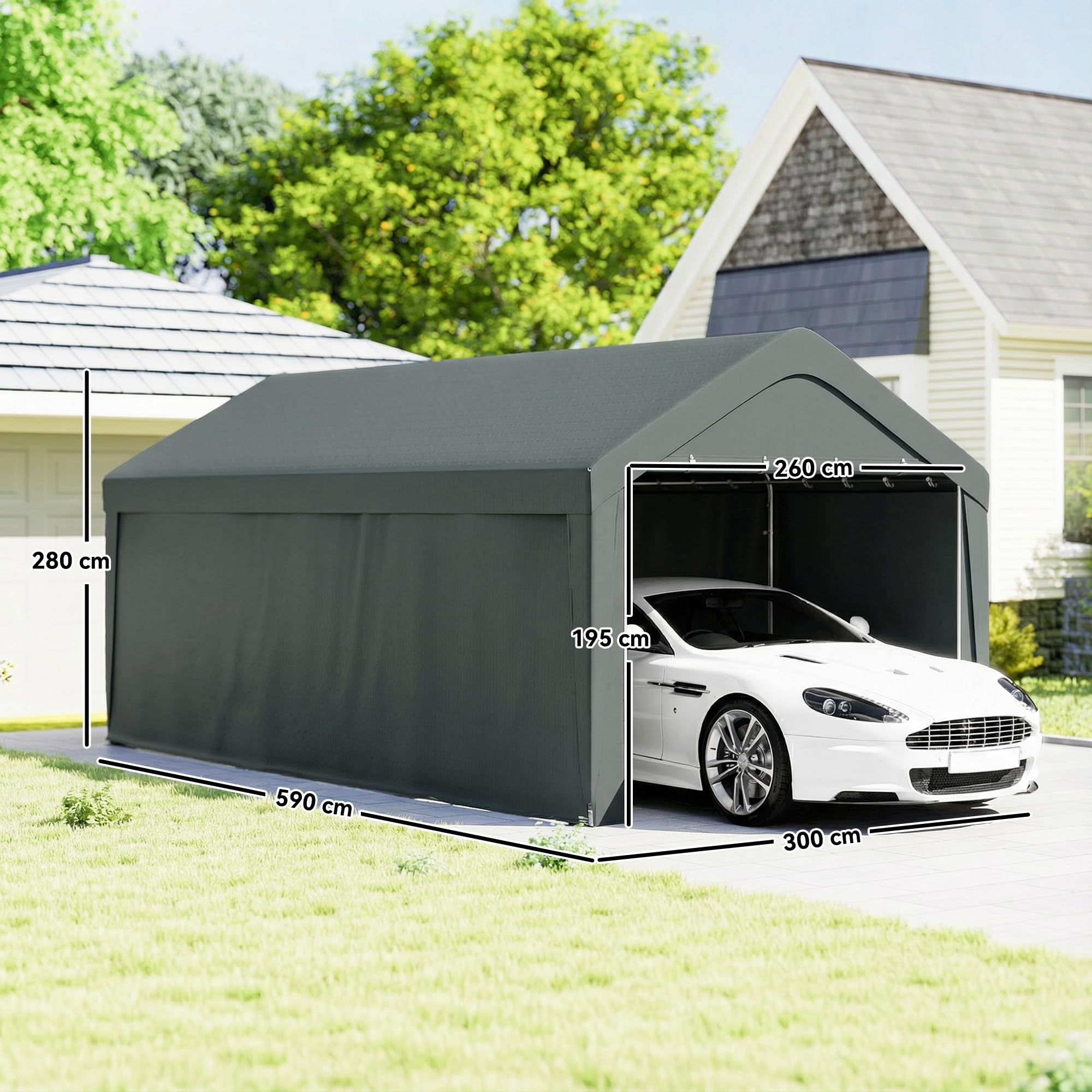 Outsunny Carpa Garaje Portátil 3x6 m Impermeable para Coche Gris Oscuro | Anti-UV, Paredes Laterales Desmontables, 2 Puertas Enrollables, Garaje Exterior, Cobertizo para Herramientas de Jardín