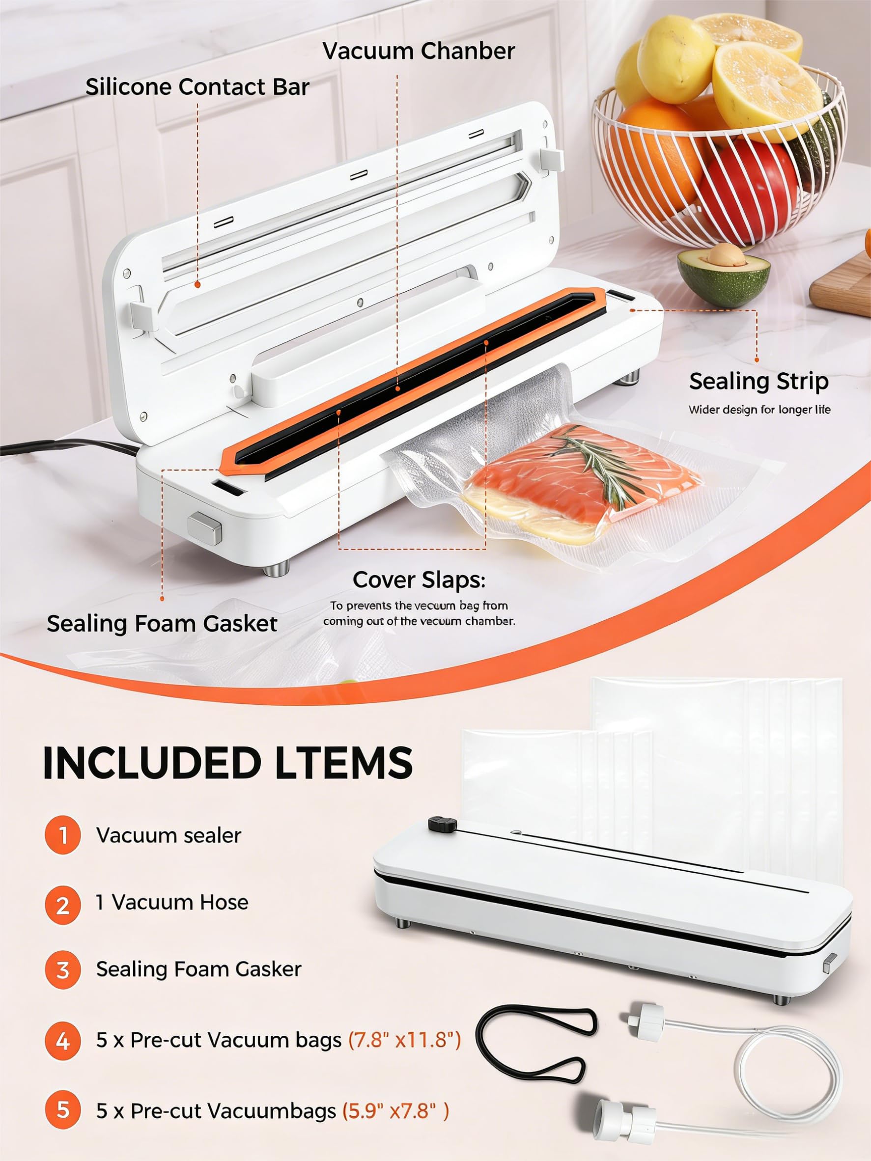 Vacuum Sealer Machine 75KPa Food with 6-in-1 Dry/Moist Modes & Digital Timer, Compact Lightweight Design, Built-in Cutter + 10 Bags (White) — view 6