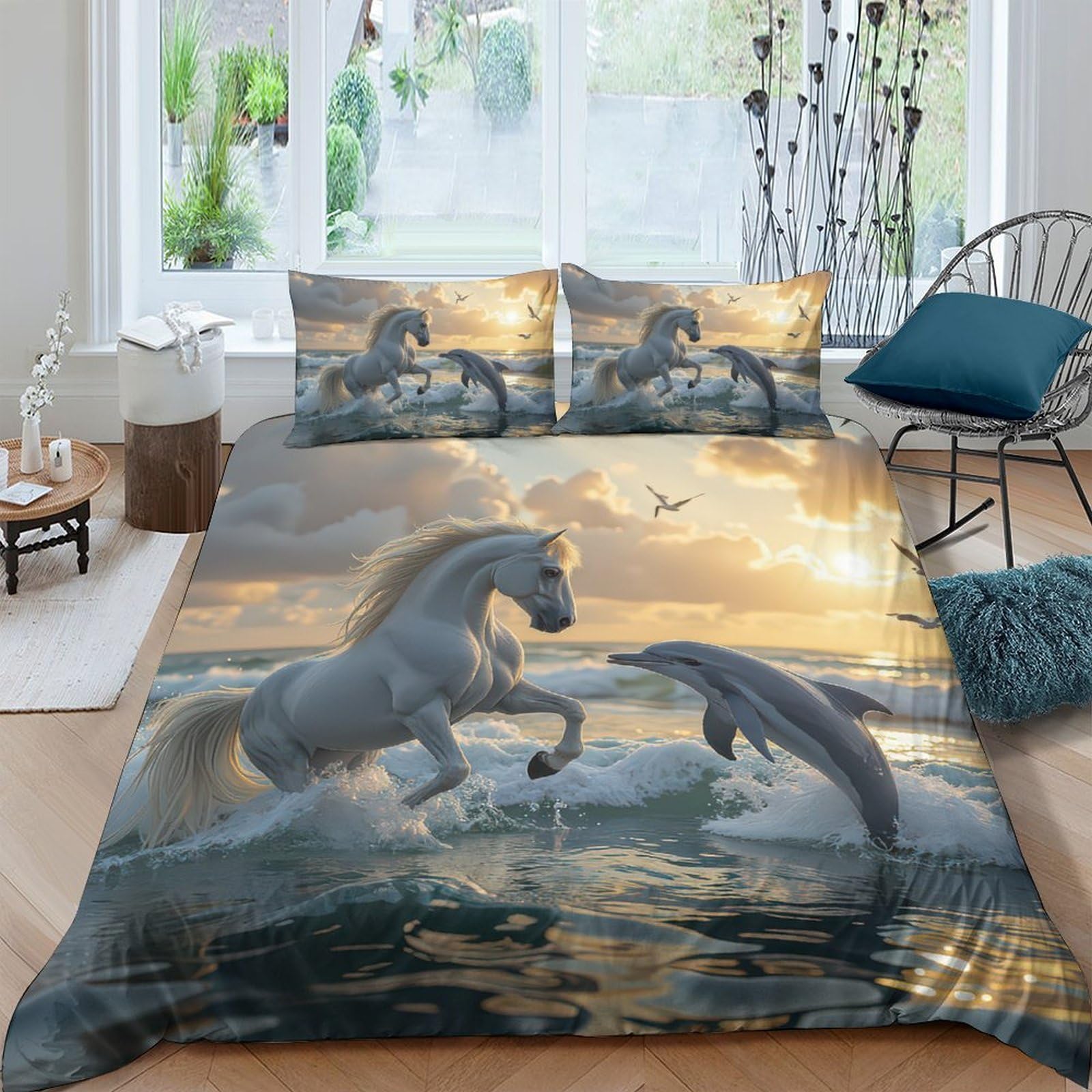 Ctjqhvkz Style-7 3D Printed Sunset Ocean Horse Fitted Sheet Microfiber Soft Breathable Dolphin Mattress Cover For Bedroom Decor Single（135X200cm）