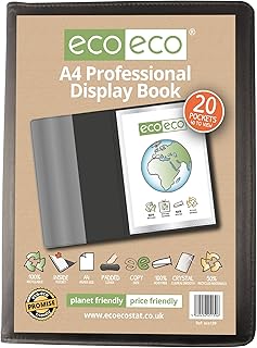 eco-eco Eco139 - Cuaderno de presentación profesional A4, 50% reciclado, 20 bolsillos, color negro, carpeta de arte acolchada con fundas de plástico, color negro