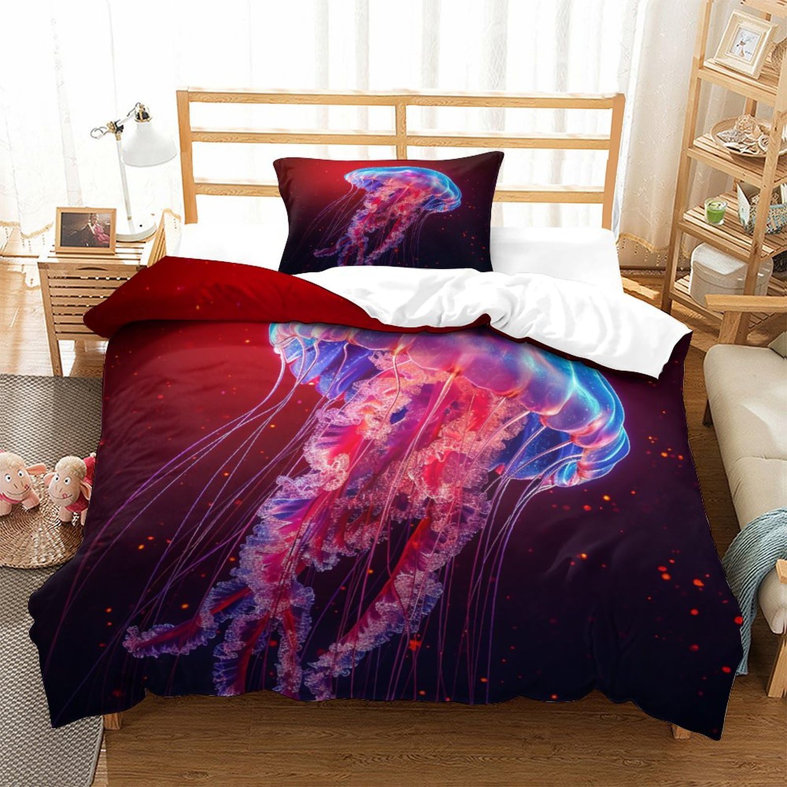 P1S9U7W5Y Vivid Ocean Jellyfish 3D Printed Duvet Cover Set 3pcs Microfiber Fantasy Jellyfish Bedding Set Single（135x200cm）