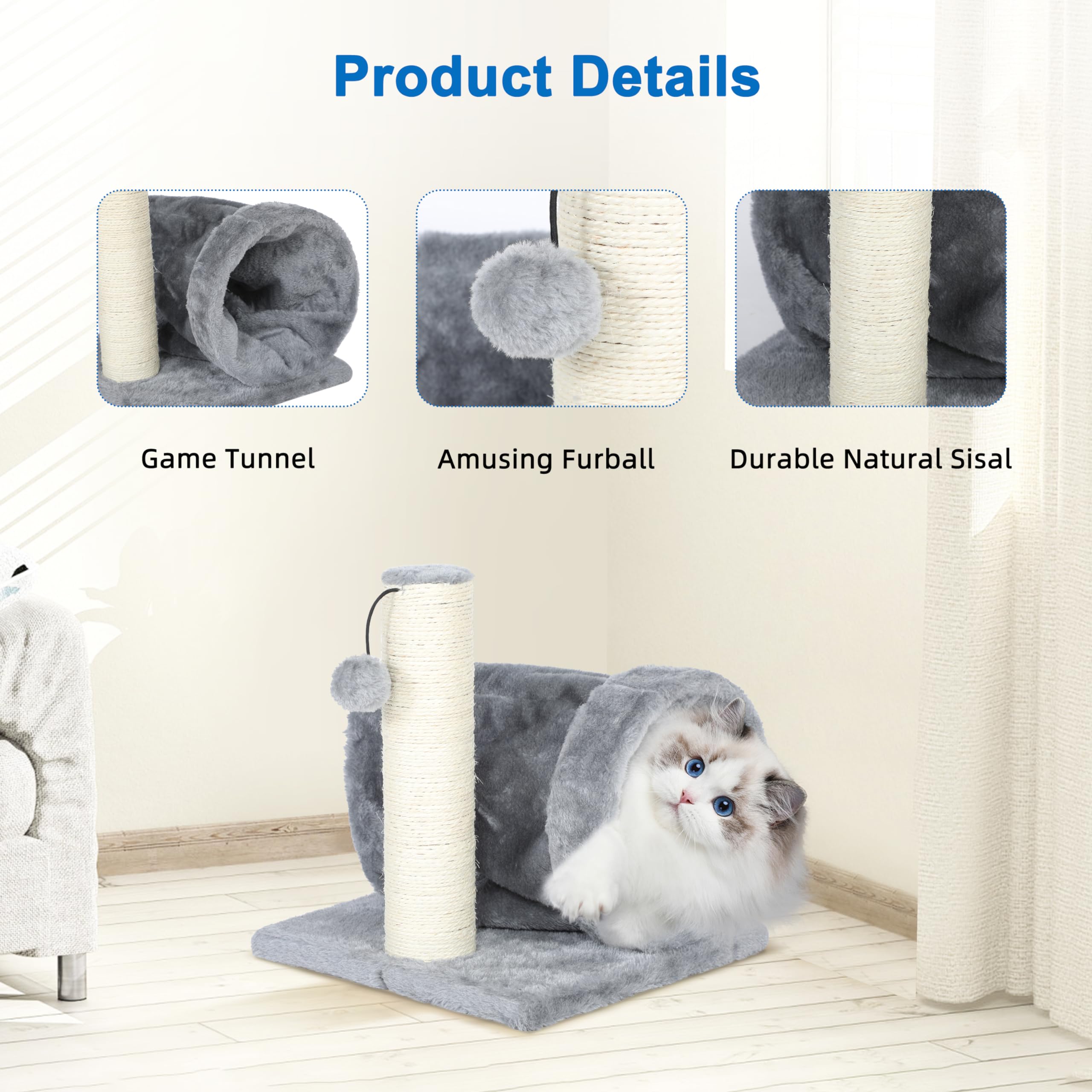 FluffyDream Small Cat Scratching Post with Cat Play Tunnel for Kittens, 11.8