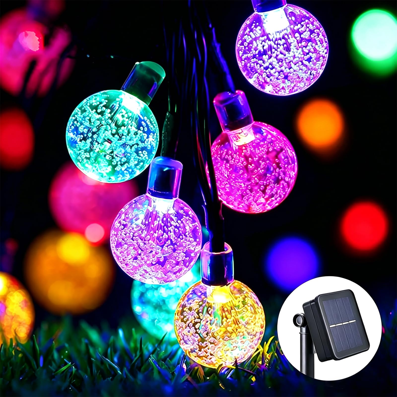 Solar-Lichterkette für den Außenbereich, 100 LEDs, 12.4 m, mehrfarbig, Kristallkugel-Lichter mit 8 Beleuchtungsmodi, wasserdicht, solarbetrieben, Hochzeit, Party-Dekoration