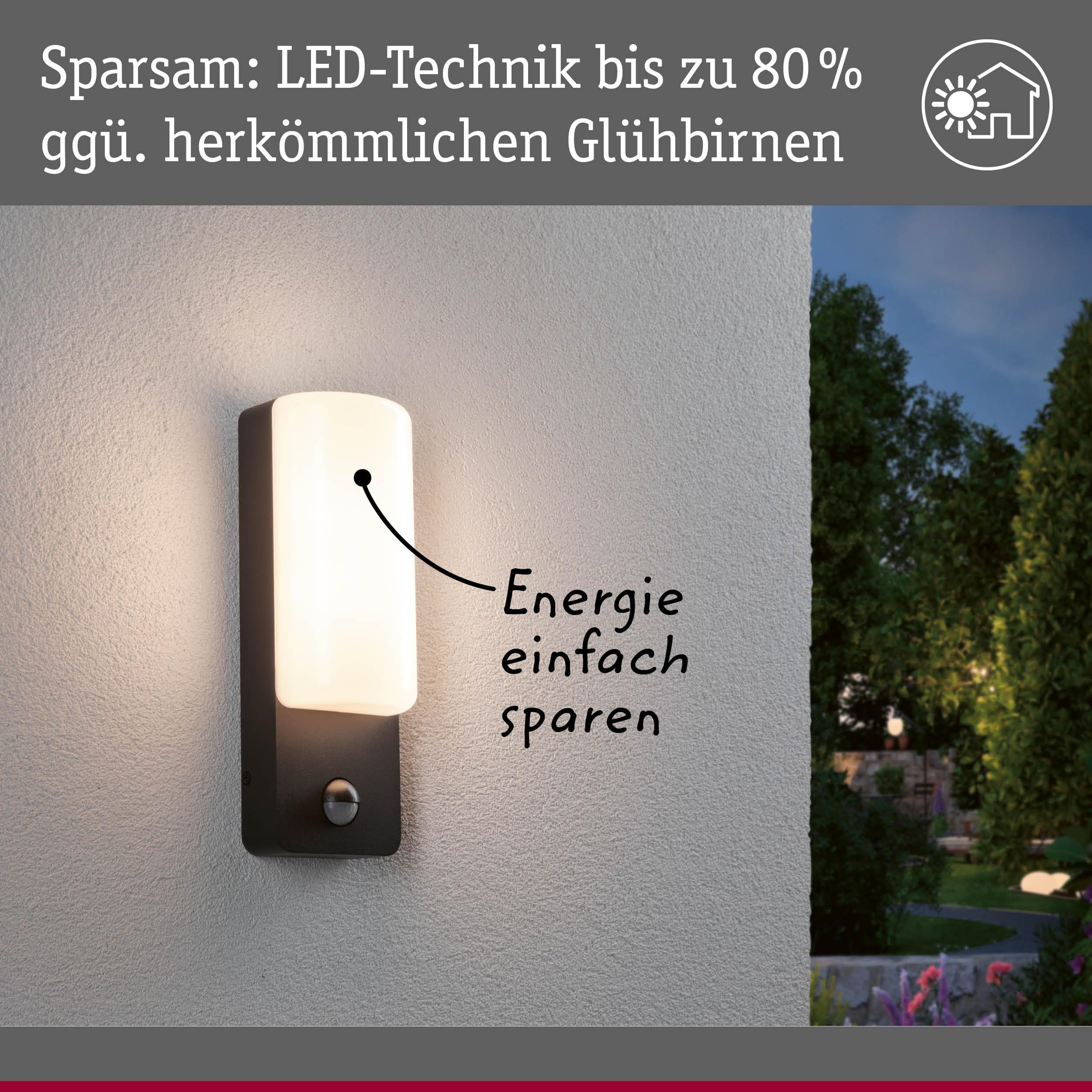 Paulmann 94851 LED oprawa na ścianę zewnętrzną Bonnie czujnik ruchu IP44 93x77mm 3000K 8,5W 560lm 230V antracyt, aluminium, oprawa zewnętrzna