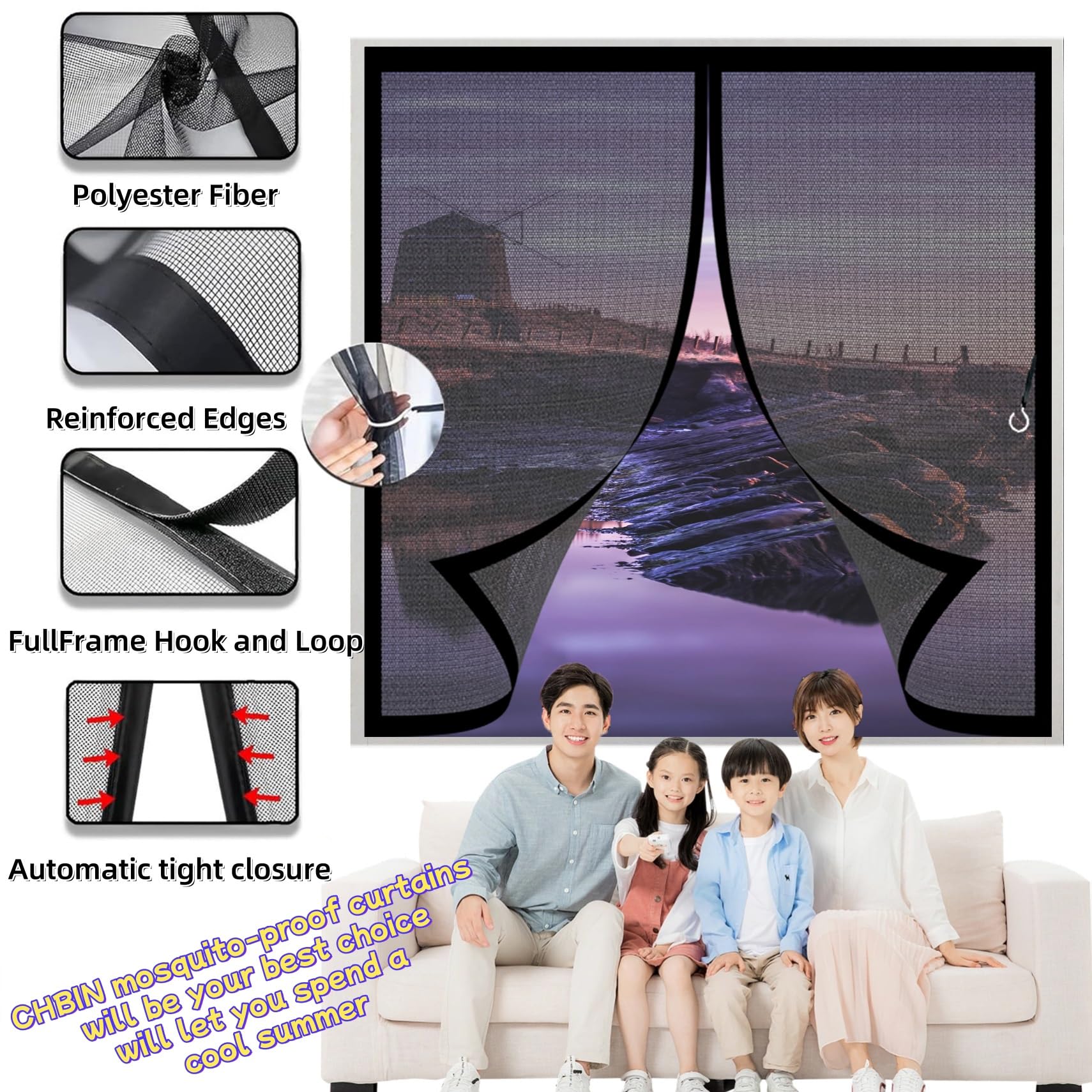 Fliegengitter Magnet Fenster 163 x 176 cm Automatisches Schließen, Klettband Oben, Nicht Kürzbar Fliegengitter Fenster Magnetband für Alle Arten von Türen Und Fenstern, Schwarz