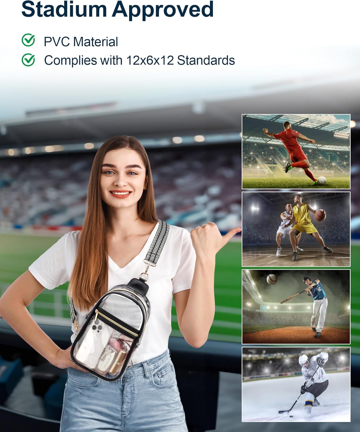 PACKISM Clear Bag for Stadium Events - Clear Crossbody Bag for Women Stadium Bag Sling Bag for Concert Sport with Detachable Strap, Strip Black - Image 9