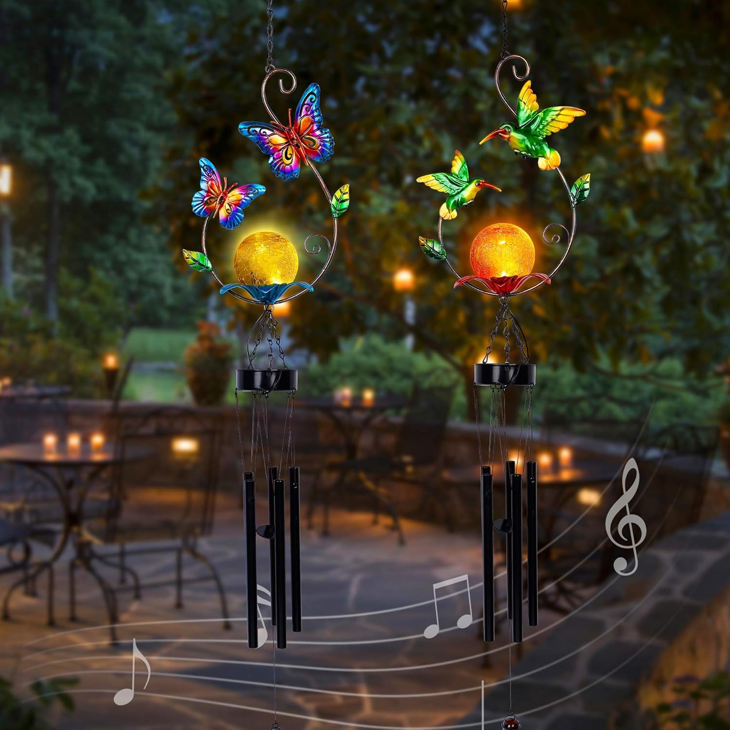 MAGGIFT 2 Pack Solar Outdoor Wind Chimes, Metal Butterfly & Hummingbird Wind Chime with Warm White LED Globe Glass, Mobile Hanging Decorative Patio Lights for Yard Garden, Gifts for Mom Women Wife