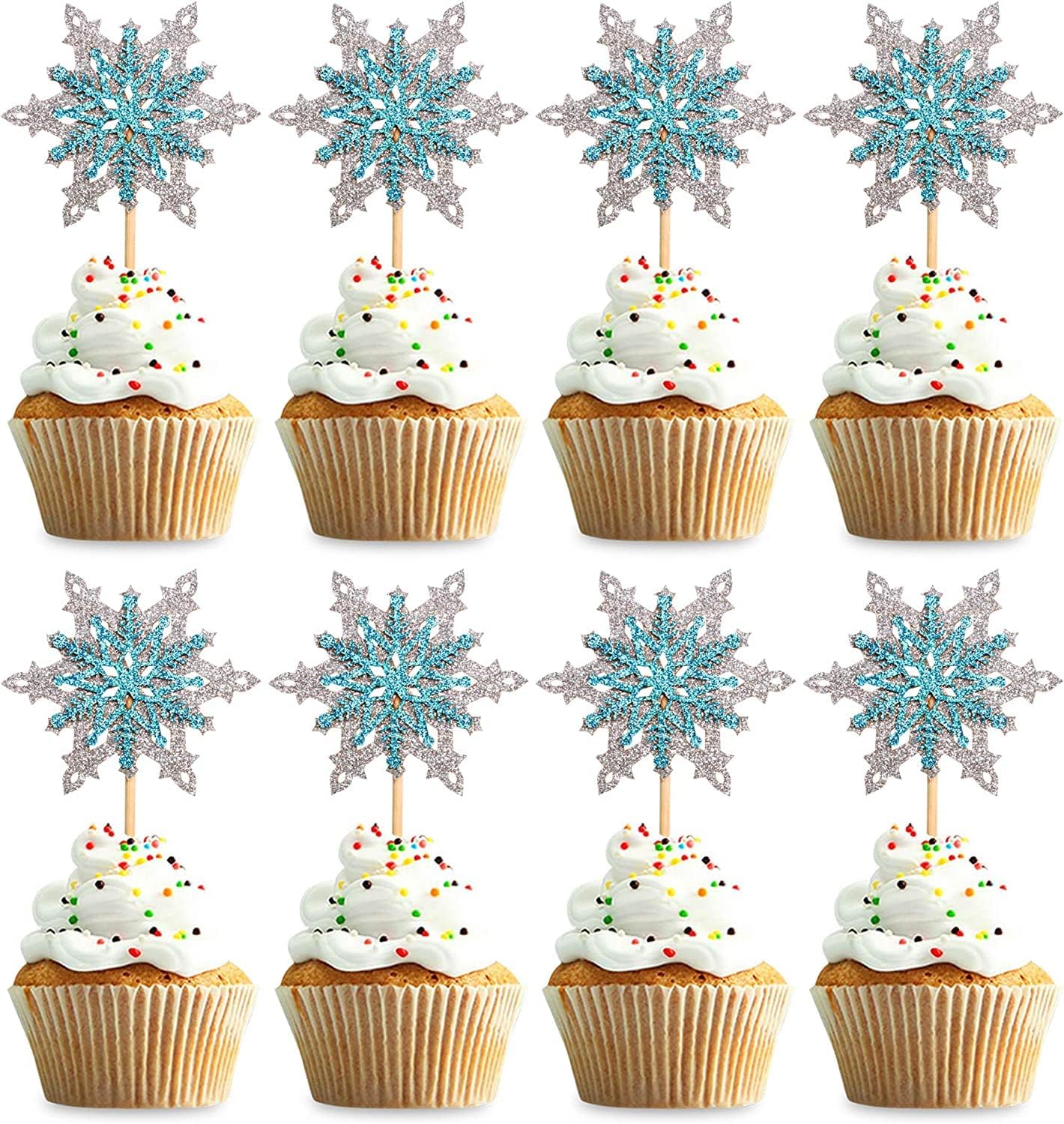 Confetti! 24 Pack Frozen Snowflake Cupcake Toppers Double Layers Silver and Blue Winter Theme Cupcake Picks Baby Shower Kids Birthday Party Christmas Cake Decorations Supplies