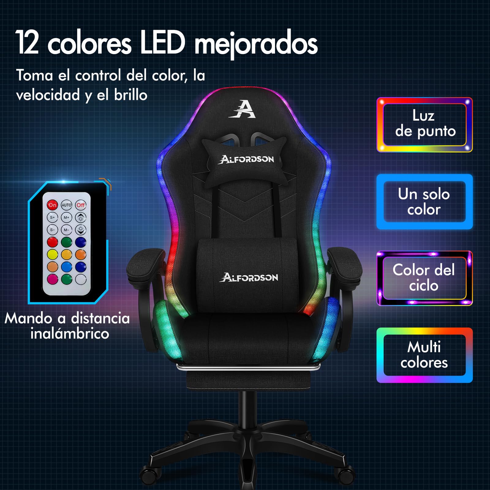 ALFORDSON Silla Gaming con Masaje y LED, Silla Gamer Ergonómica con Cojín Lumbar y Cervical, Reposapiés Telescópico, Iluminación para Ordenador, Videojuego, Juegos, Oficina, Lino(Negra)