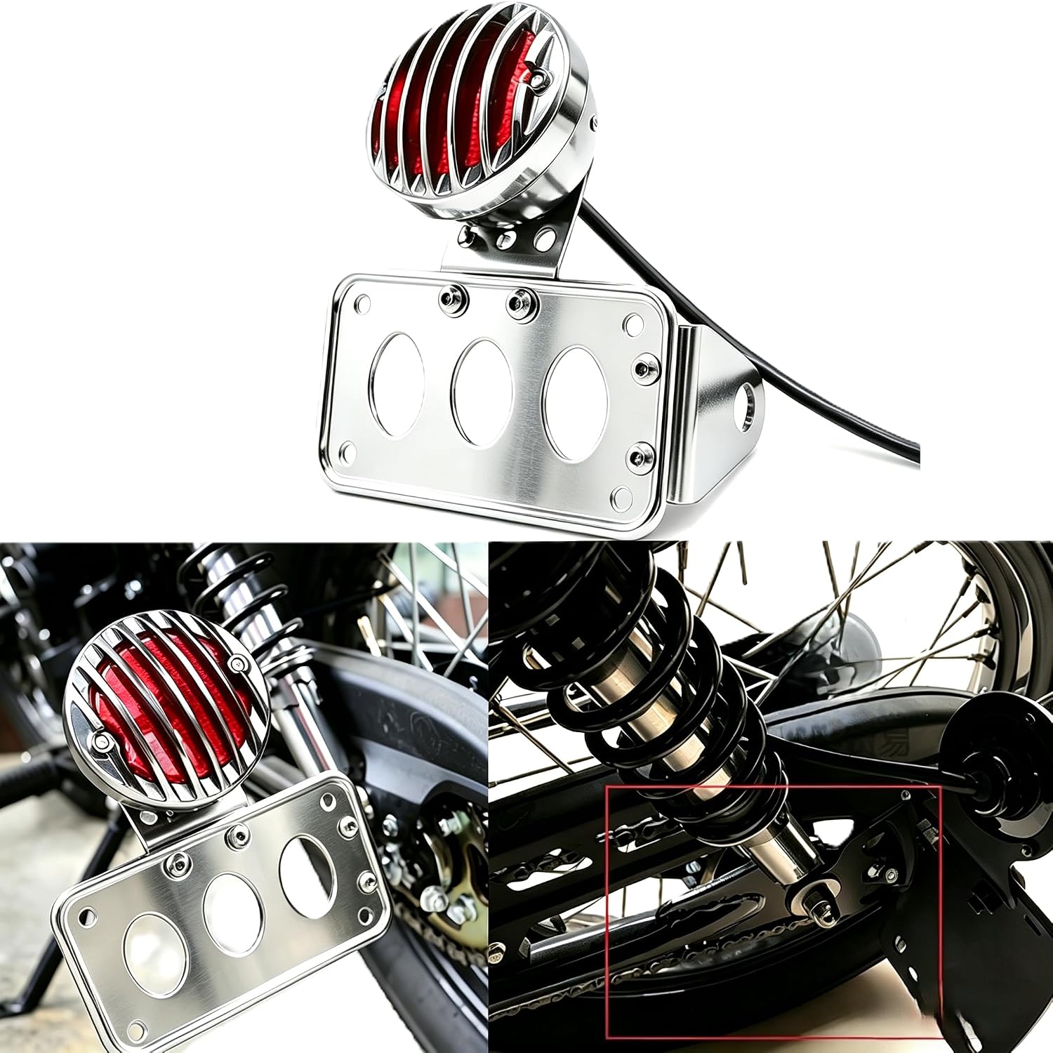 Motorcycle LED Tail Brake Light with Bracket Compatible for Harley Sportster Bobber Chopper Yamaha Suzuki Honda Kawasaki Side Mount License Plate Rear Light （Full electroplating）