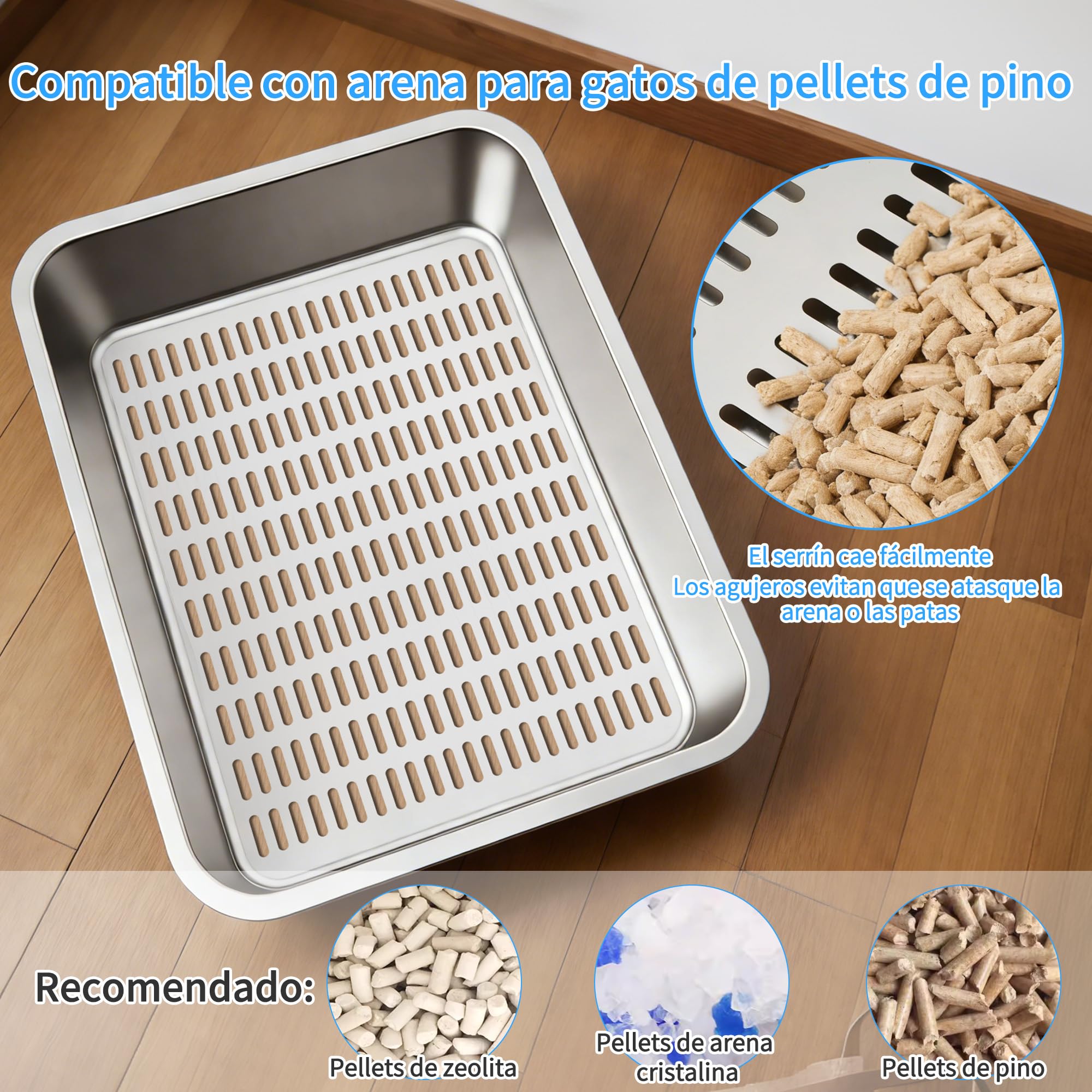 Arenero Gato Acero Inoxidable, XXL Caja Bandeja de Arena para Gatos, Metal Extraíble Litter Box, Caja de Arena de Lados Altos (50 * 35 * 15cm)