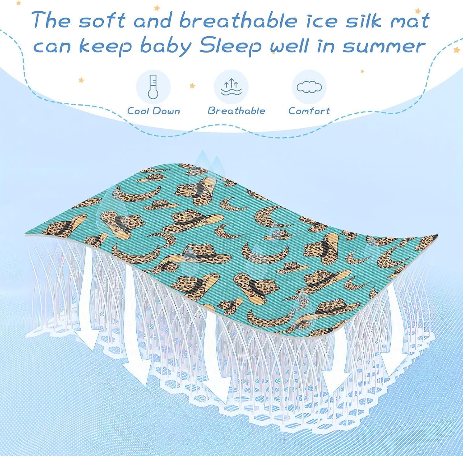 Baby Cooling Mat Leopard Cowboy Hats Ice Silk Breathable Mesh Summer Crib Mattress Pad with Pillowcase, Soft Cooling Sleeping Surface for Infant & Toddler, 52"x28"