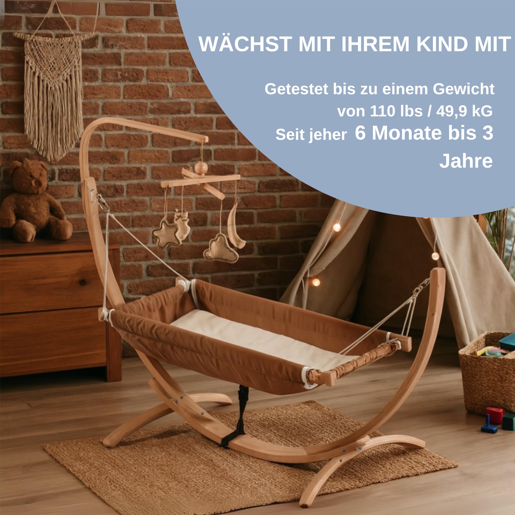 Kinder-Hängematte mit Holzgestell – Ergonomische 66×150 cm Hängeliege für 3–5 Jahre I Weicher Atmungsaktiver Stoff & Sanftes Schaukelgefühl I Tragbar & Vielseitig Nutzbar – Beige