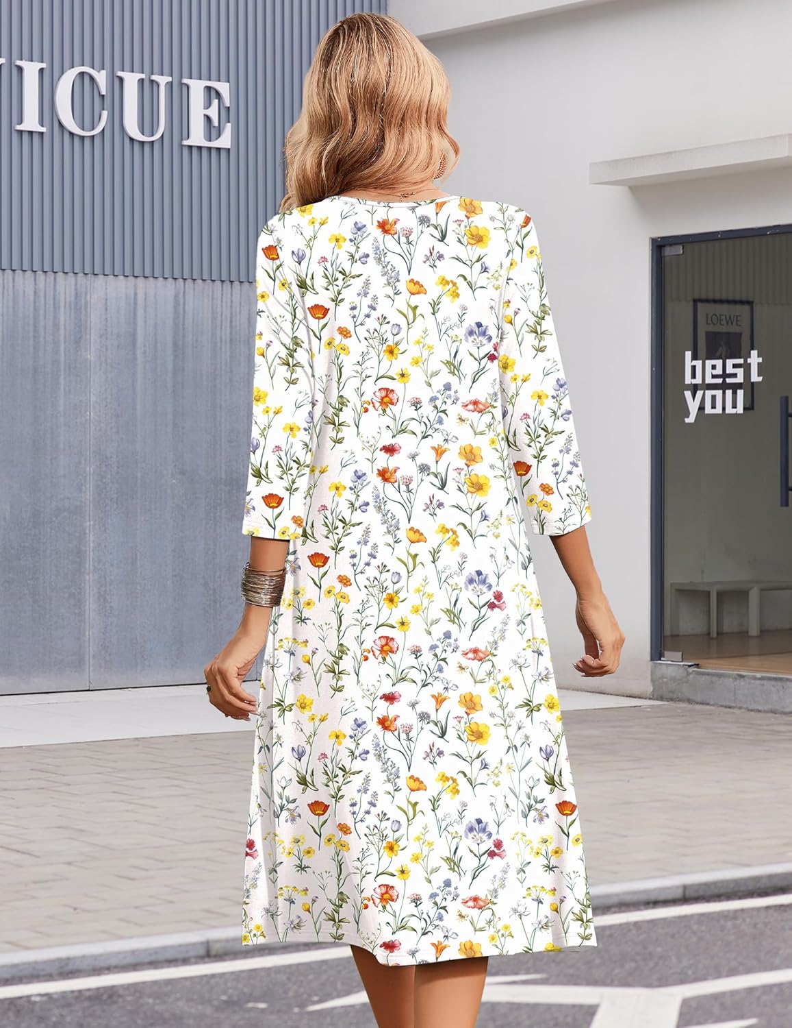 Zeagoo 3/4 Sleeve Women's Dress Casual Midi Tshirt Dresses with Pockets Empire Waist Summer Semi-Formal Boho Beach Sundress - Image 4