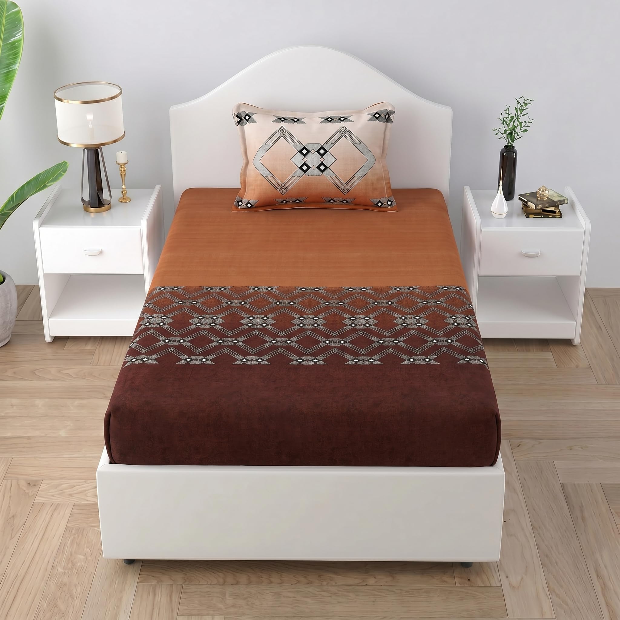 Mafatlal King Size Bedsheet - Beige Blue Leaf Print -16