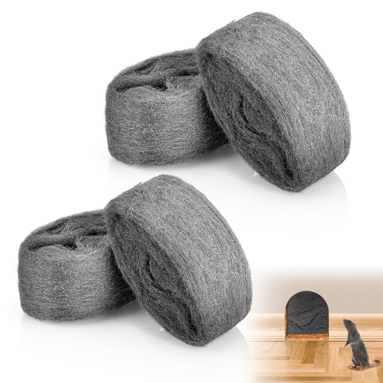JIZZU 4 Rouleaux Laine d'Acier Grade 000, Paille de Fer Laine D'acier Anti Rongeur, Fil de Nettoyage Wire Wool pour Nettoyage Polissage Entretien et Finition du Bois