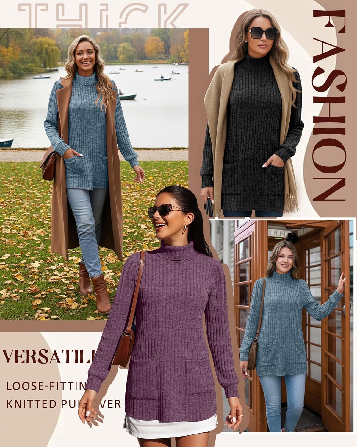 3 Pack Women's Turtleneck Long Sleeve Sweaters, Puff Ribbed Knit Sweaters Pullover Casual Tunic Tops with Pockets - Image 2