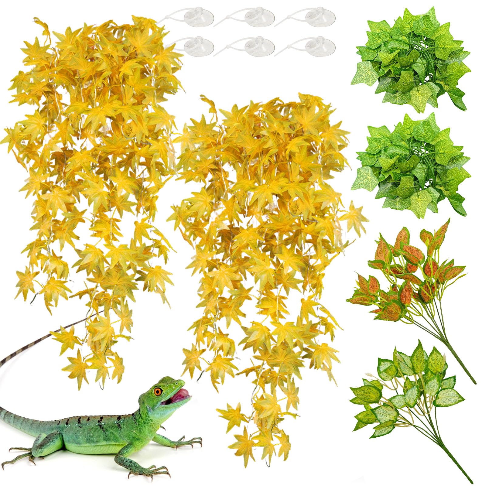 BNOSDM Reptile Plants Habitat Decorations with Suction Cup Terrarium Hanging Plant Bearded Dragon Tank Accessories Artificial Leaves Reptile Hide for Lizard Snake Leopard Gecko Chameleon (Yellow)