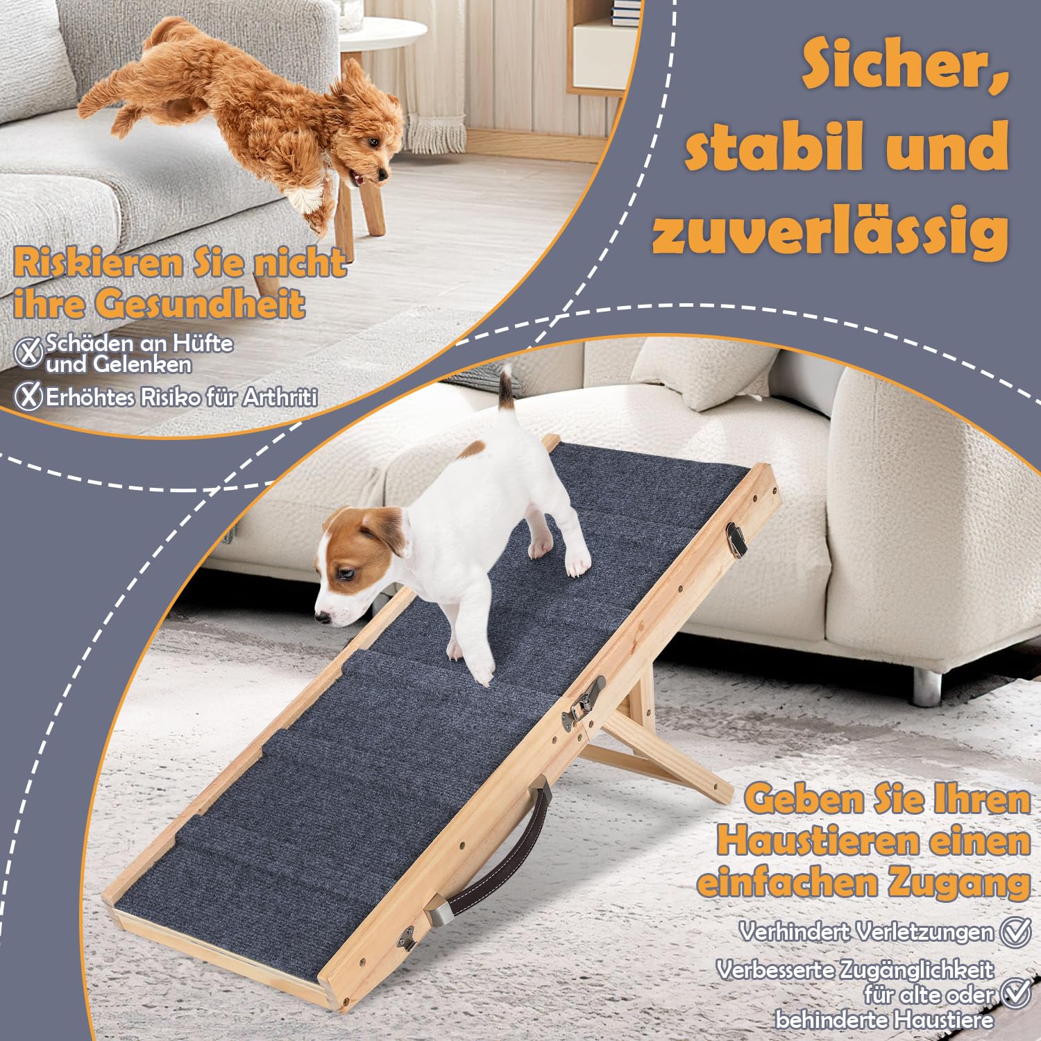 Hunderampe Klappbar Kiefernholz für Kleine, Hunde Haustierrampe mit Rutschfestem Teppich, Vielseitige, Tragbare, Verstellbarer Haustierrampe für Couch, Hochbett, Autos