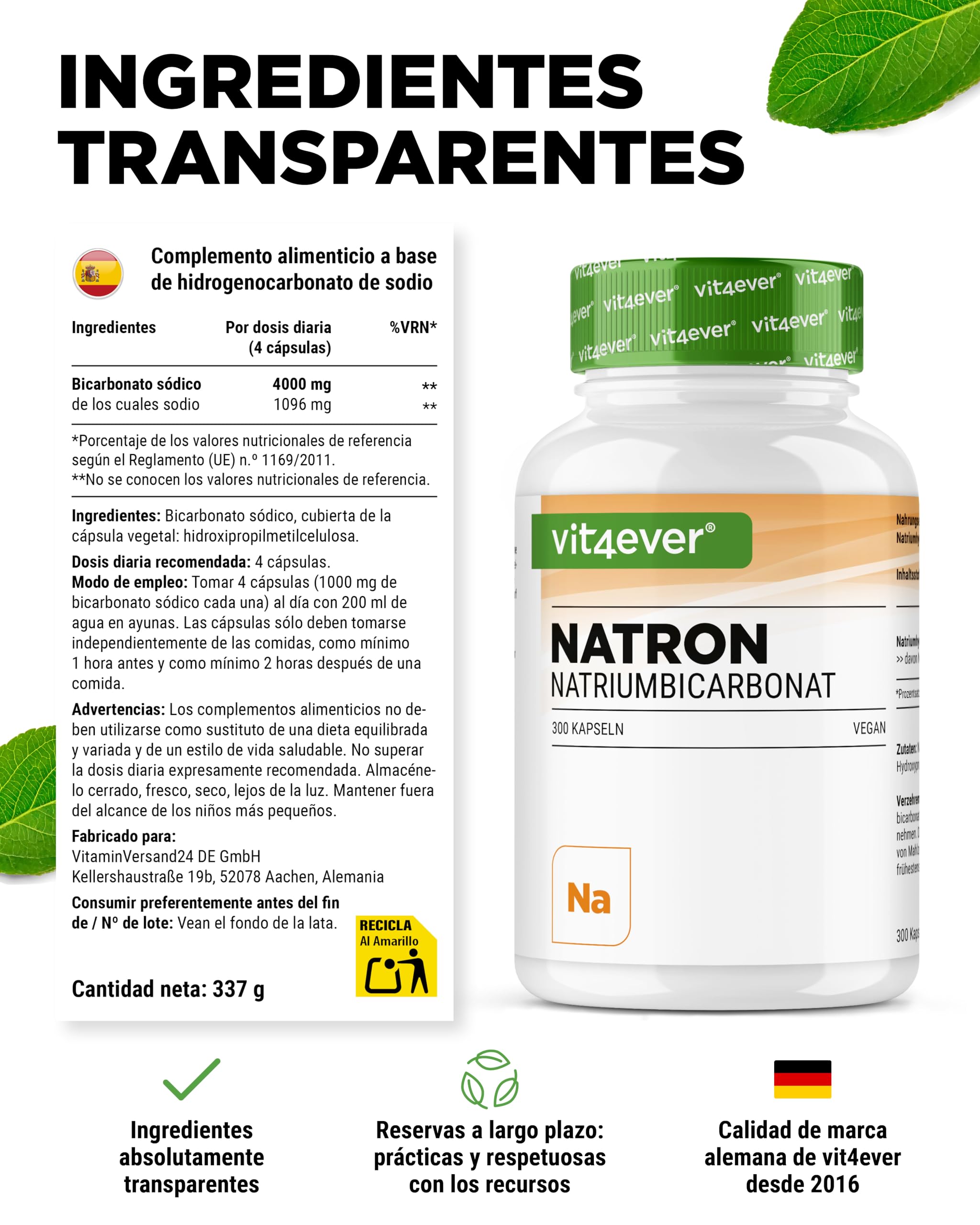 vit4ever Cápsulas de Bicarbonato de Sodio 1000 mg - 300 Cápsulas - Bicarbonato de Sodio de Alta Dosis - Vegano, Sin Aditivos Innecesarios