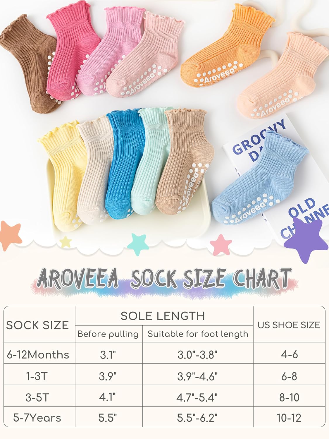 Aroveea Baby Toddle Socks Grip Non Slip Kids Boys Girls Cotton 12 Pack Ankle Cute Newborn Socks