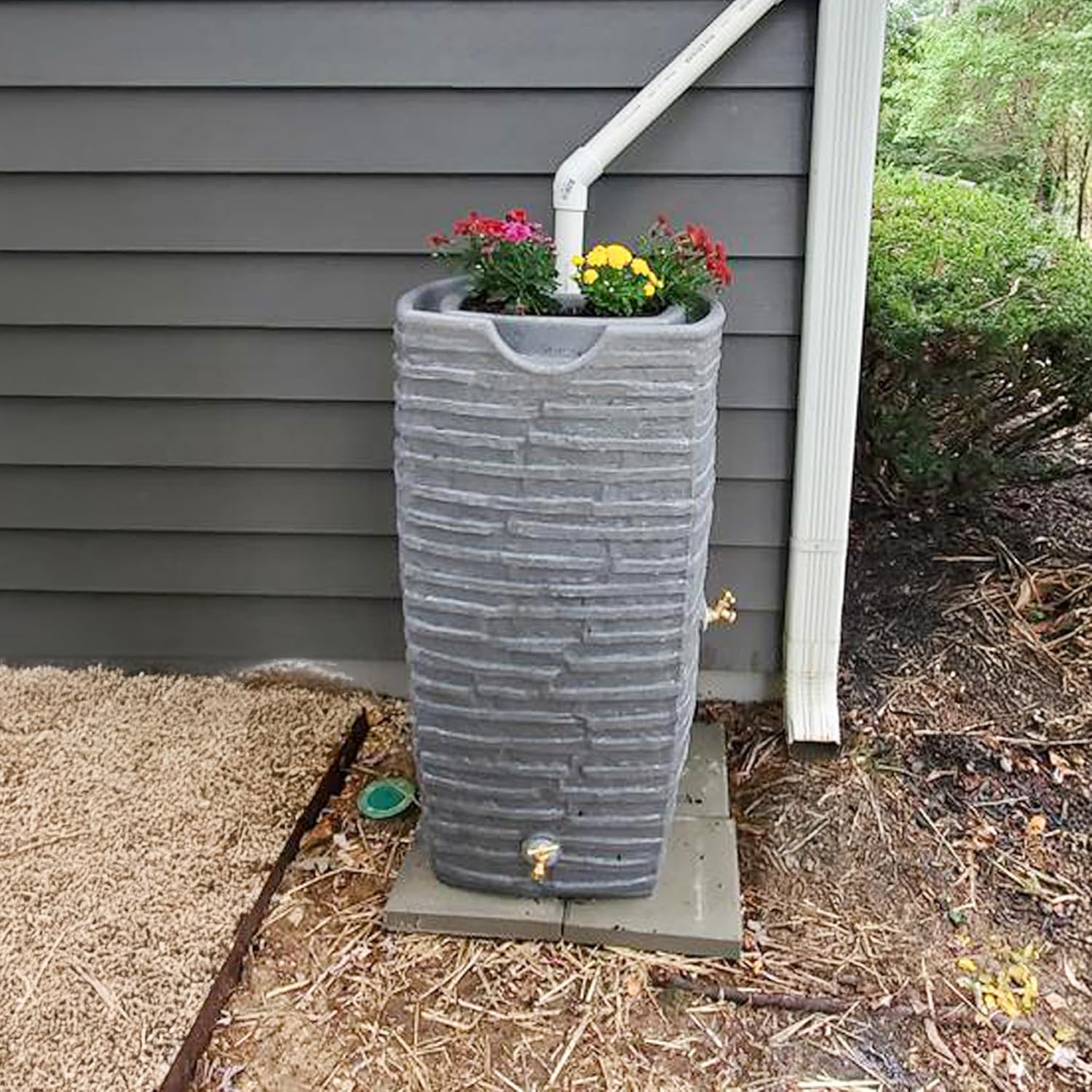 Good Ideas Impressions Riverwalk Rain Water Collection Barrel, Dark Granite, 50 Gallon - Faux Slate Rock Rainwater Catcher, Plastic Storage Drum with Dual Robust Metal Spigots & Fine Mesh Screen