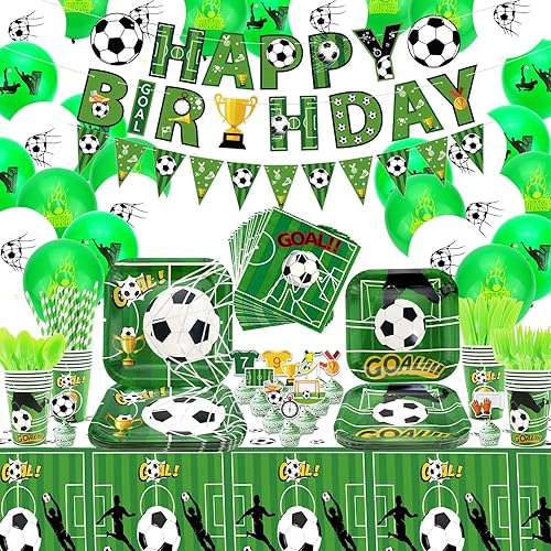 Miniatura 1 de Suministros para fiestas de fútbol sirven a 20 invitados, incluyendo pancarta de feliz cumpleaños, platos, adornos para pasteles, vasos,