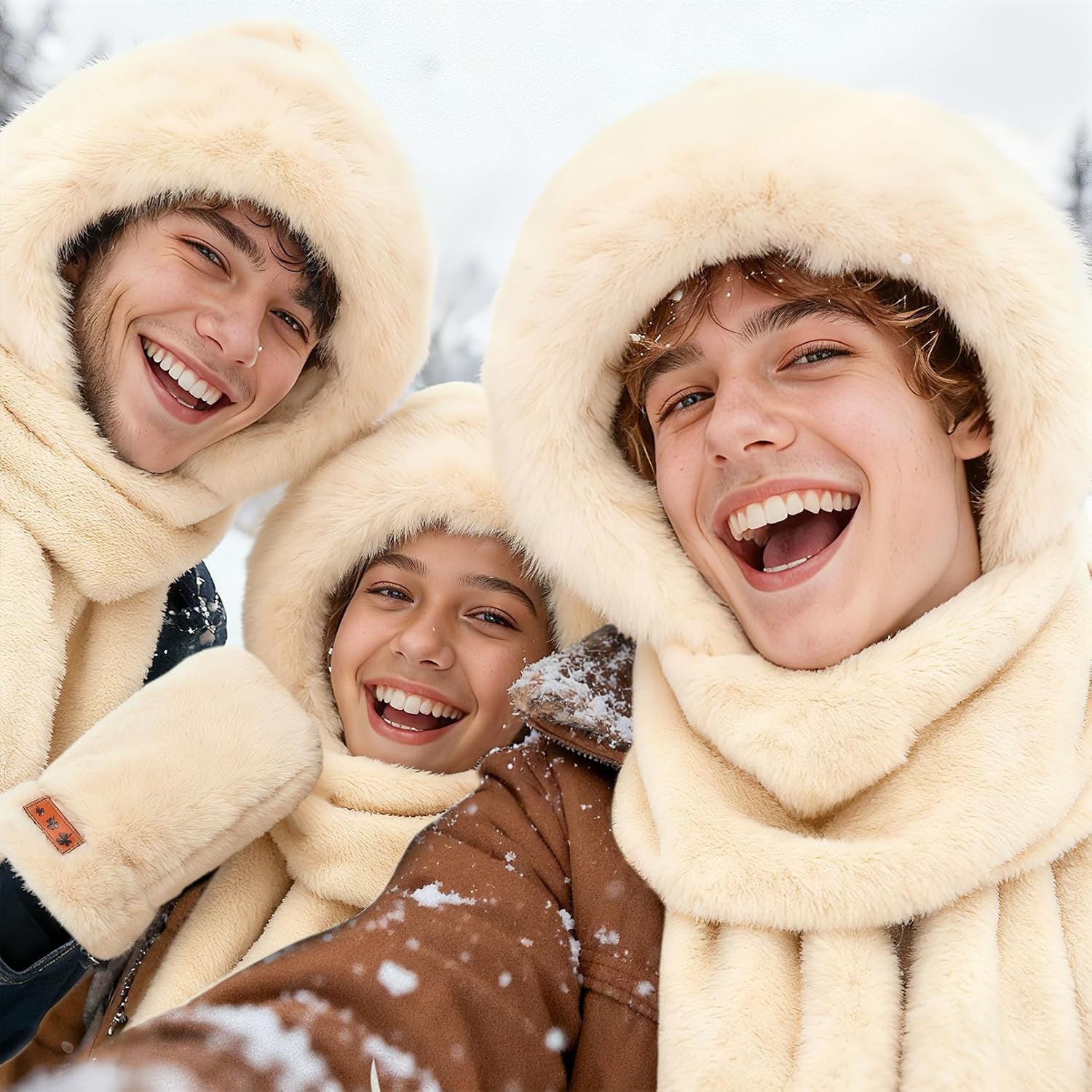 Hooded Scarf for Women Winter - Faux Fur Scarf Hat Gloves 3 in 1 Set Soft Thick Warm - Image 7