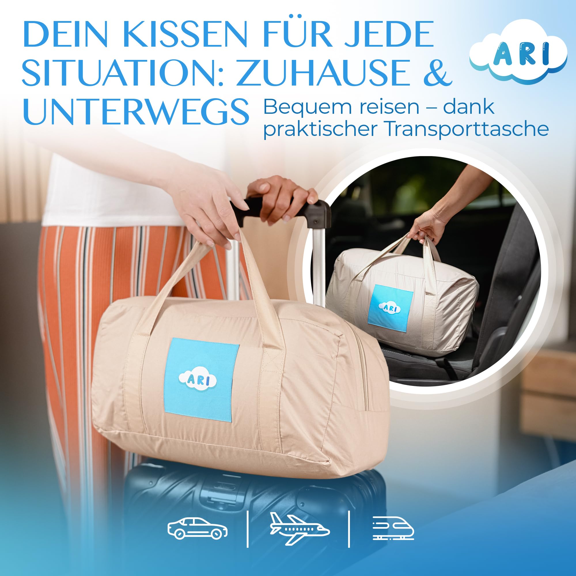 ARI Ergonomisches Nackenstützkissen-ergonomisch | Kopfkissen mit Memory-Schaum | Baumwollbezug | für Rücken & Seitenschläfer | inkl. Transporttasche & Ersatzbezug (Weiss) (Grau)