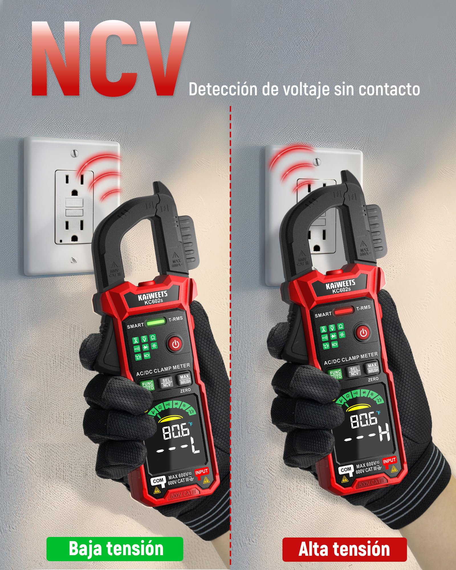 KAIWEETS Tenazas de corriente 600A TRMS, calibrador de corriente digital, 6000 cuentas, CA/CC, NCV