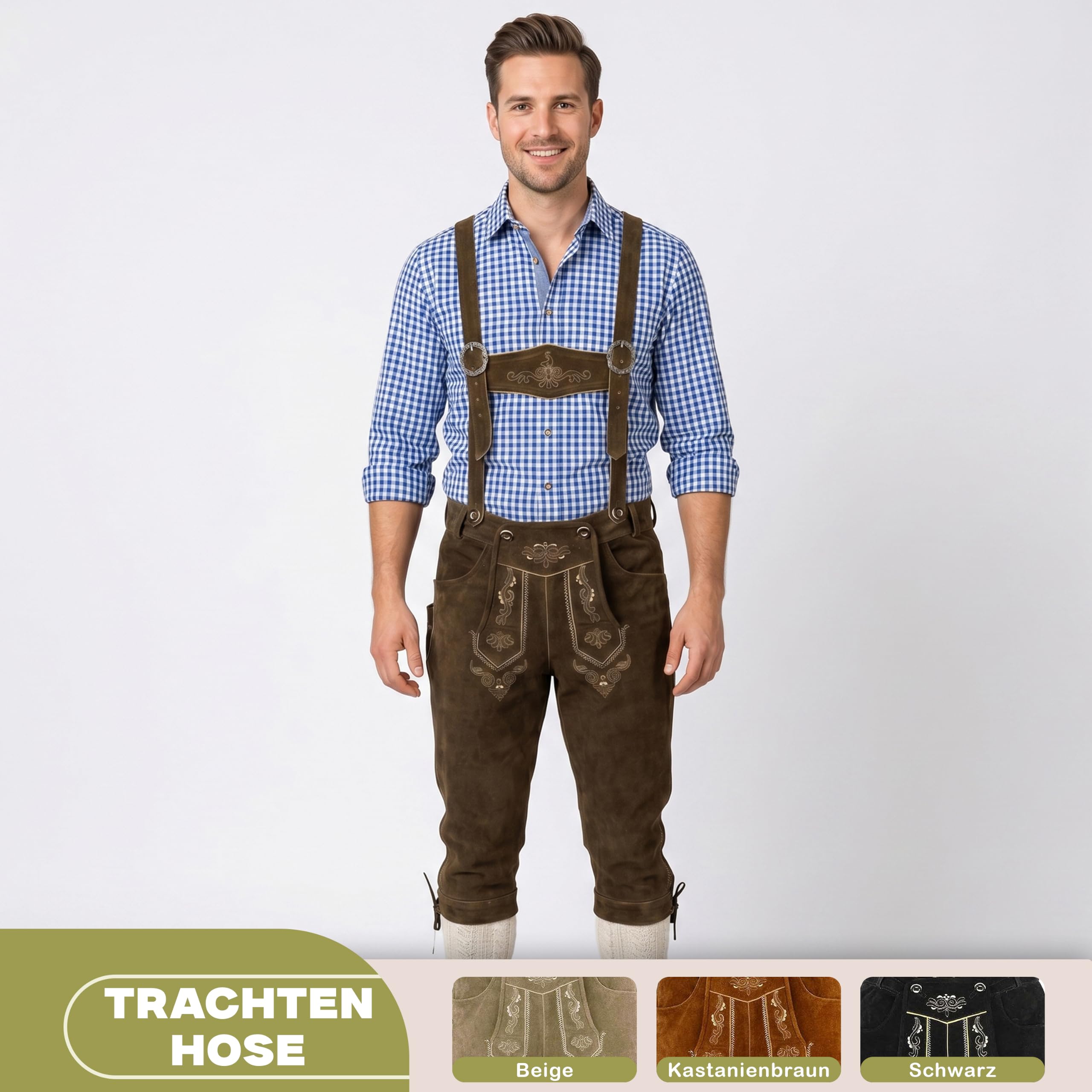 Trend-Promotion Austria Piel Pantalones Pantalones trachtenhose Rodillera con Tirantes marrón marrón Oscuro W54