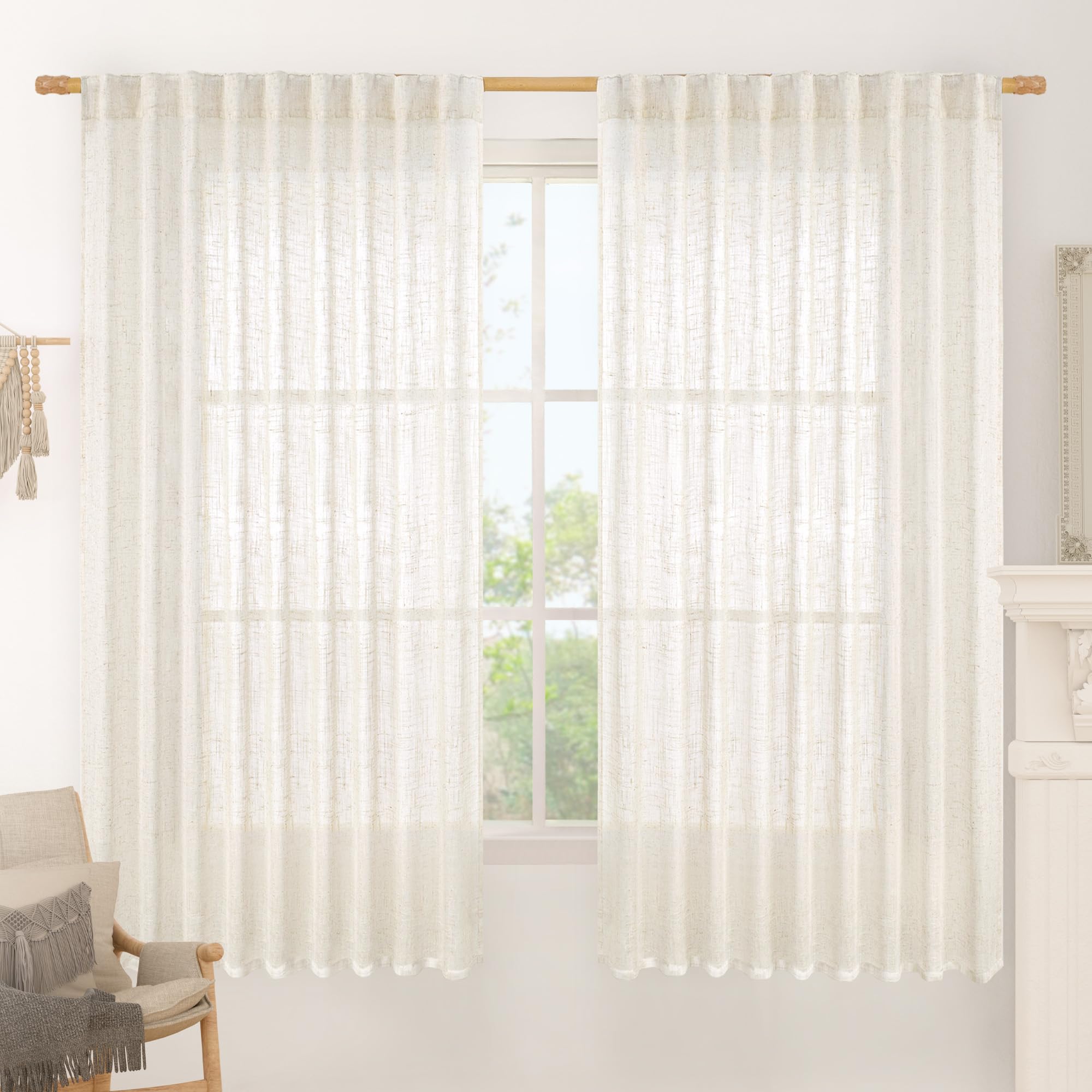 LAMIT Light Filtering Linen Curtains 63 inches Long, Cream Linen Textured Semi Sheer Back Tab and Rod Pocket Boho Drapes for Bedroom/Living Room, 2 Panels, 70 x 63 Inch