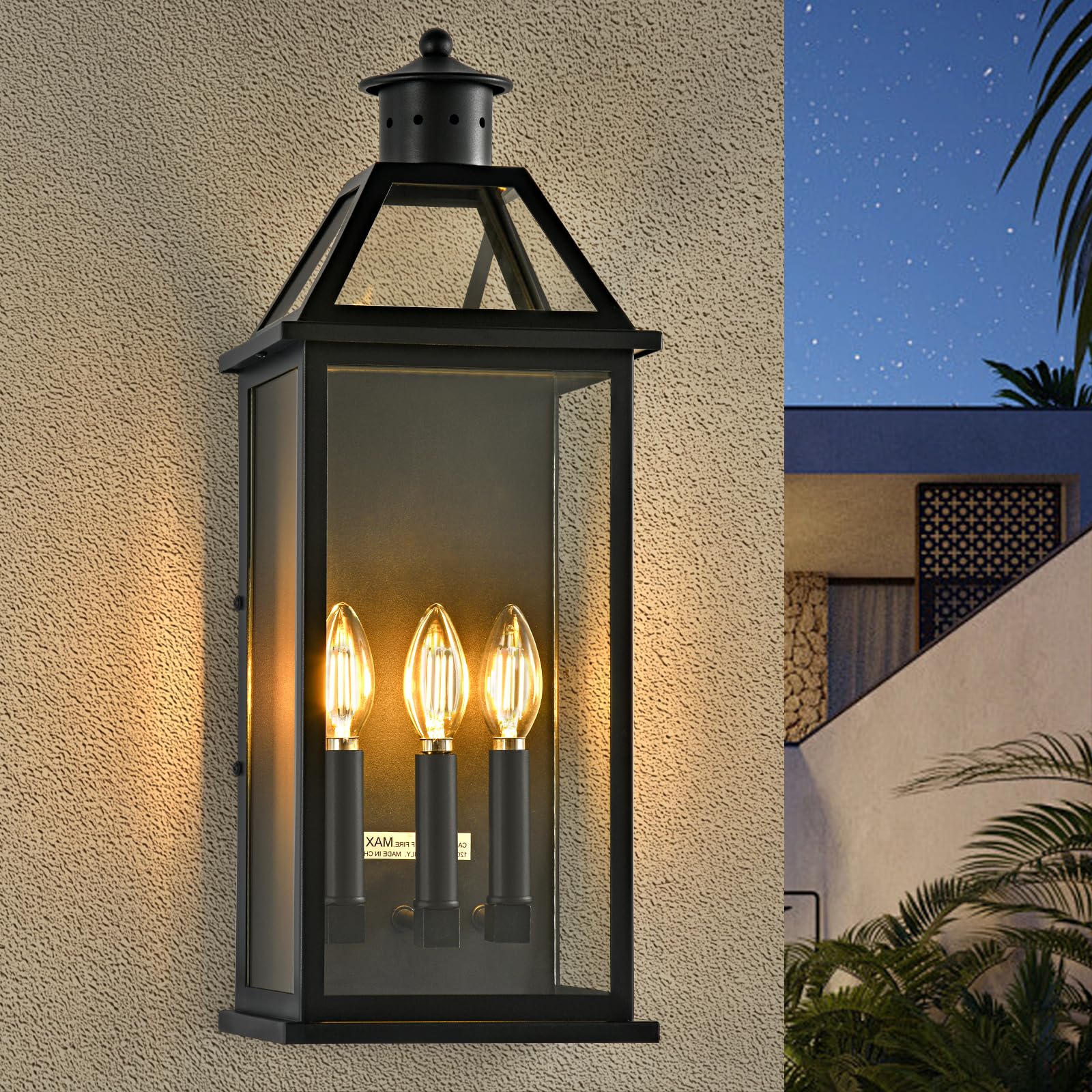 DASTOR Outdoor Wall Lantern 3-Light, 21" Large Front Porch Light, Modern Exterior Lighting Fixtures with Glass, Waterproof Outdoor Wall Lights for House Porch Garage
