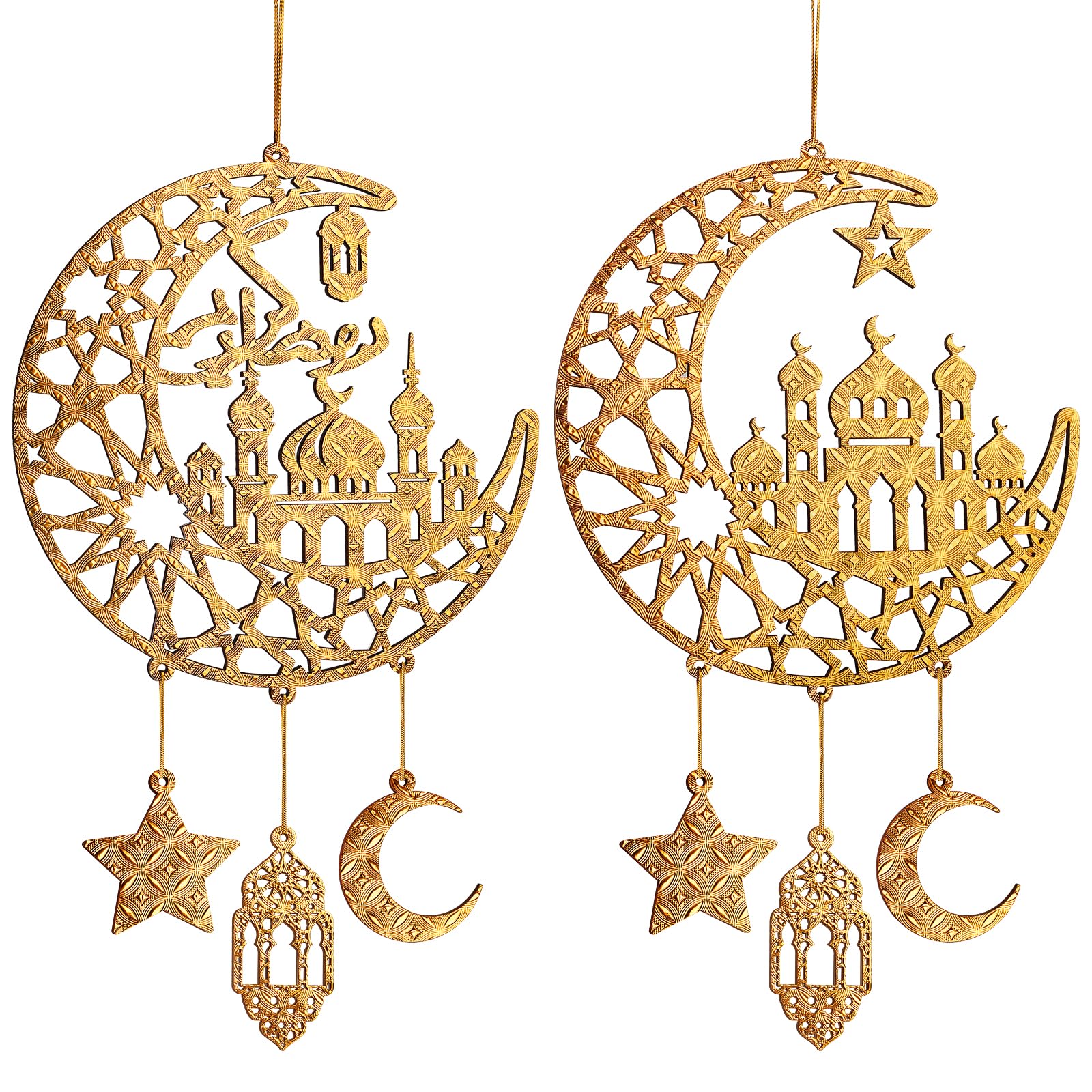 Hinsly 2 Pieces Ramadan Decoration Wood Islamic Moon Hollow Star Front Door Wall Signs, Muslim Sign Eid Mubarak Kareem Ornaments Hanging Crafts for