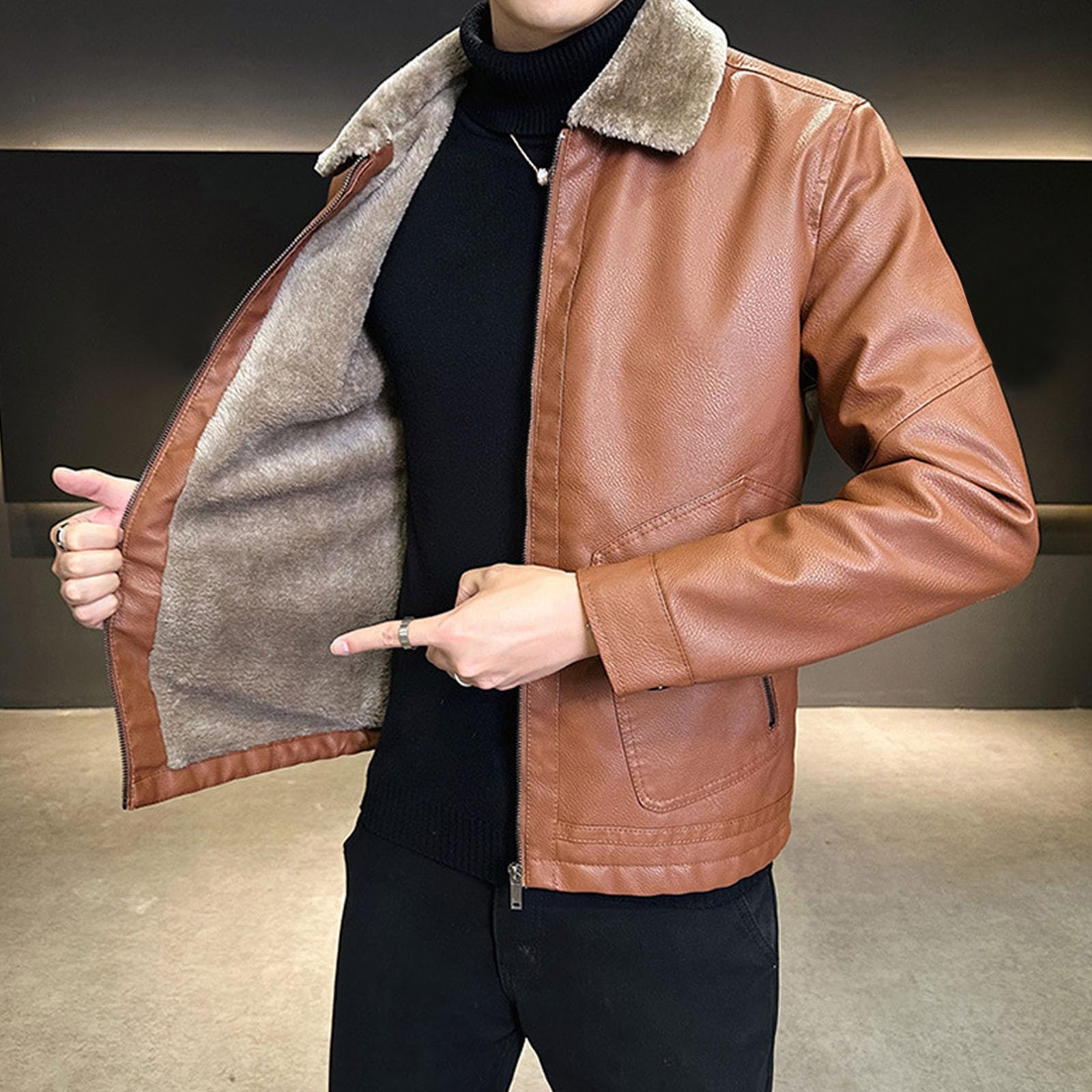 Générique Giacca da uomo a mezza stagione, in similpelle marrone, con colletto a patta e pelliccia interna con zip e tasche laterali, giacca da uomo primavera per caldo e abbigliamento casual, marrone