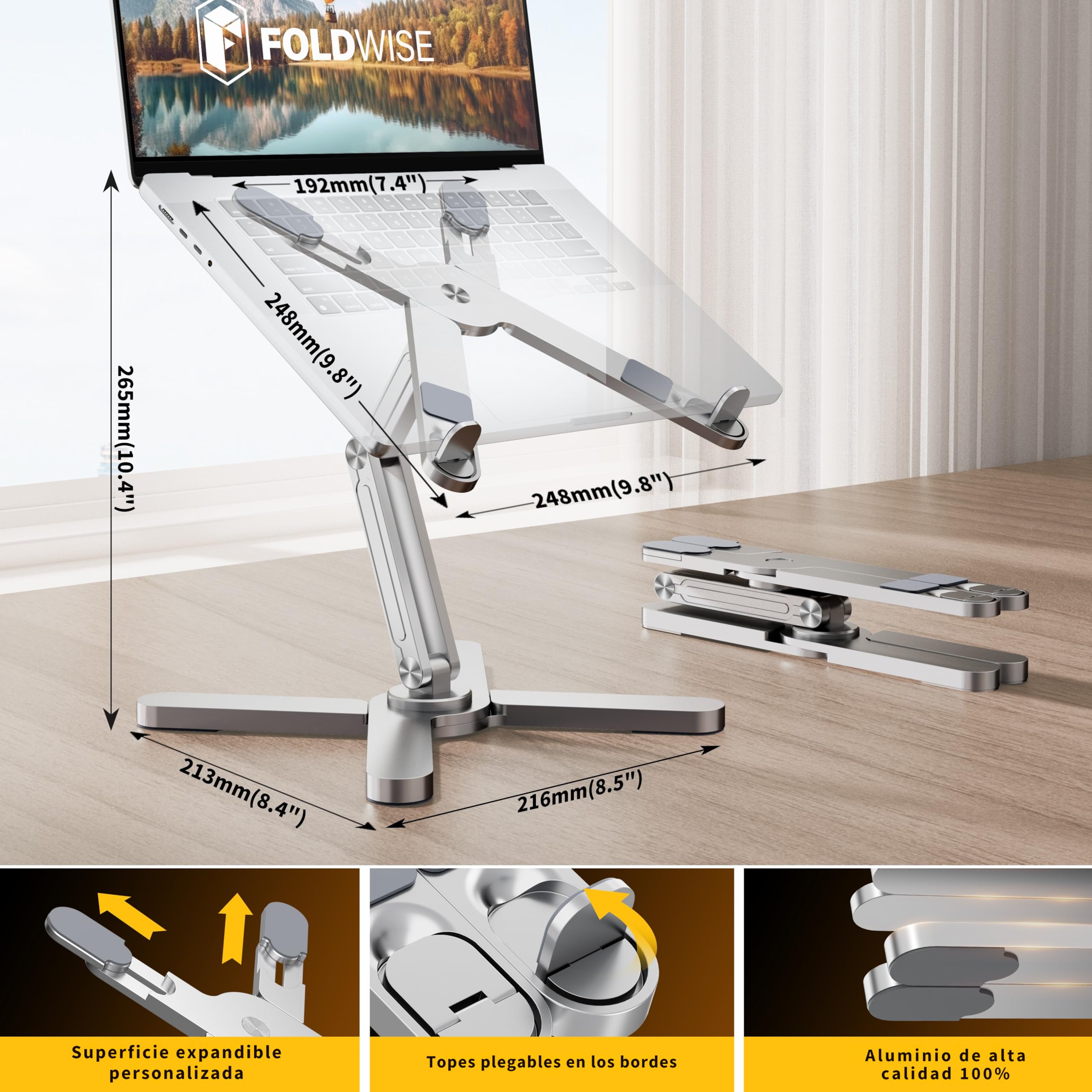 FoldWise X Soporte para Portátil de Escritorio 100% Aluminio, Base Giratoria 360°, Plegable, Altura y Ángulos Ajustables Elevador de Portátil Robusto y Portátil, Compatible con Portátiles de 11 a 18”